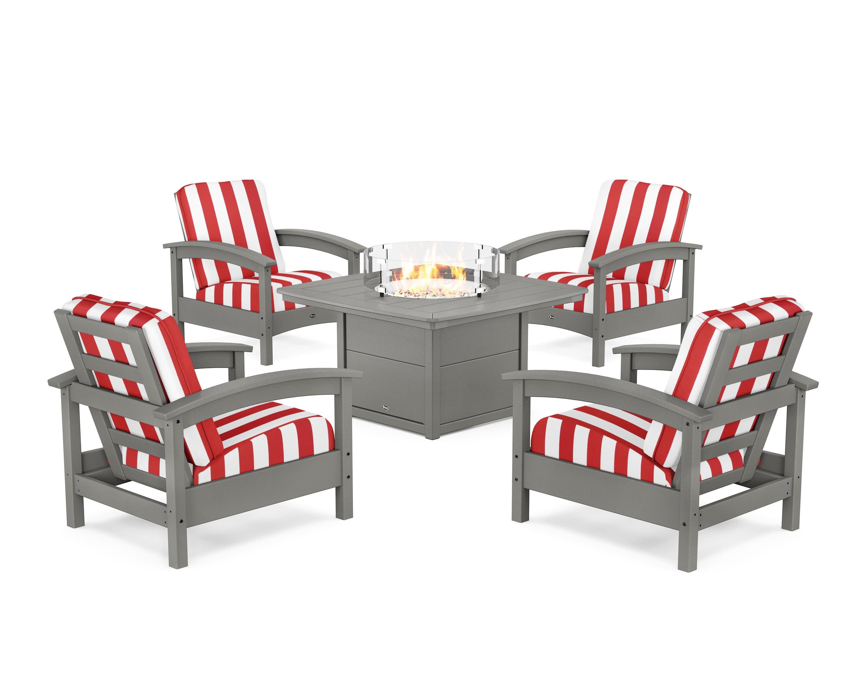Rockport 5-Piece Deep Seating Set with Yacht Club Fire Pit Table in Stepping Stone / Cabana Stripe Crimson