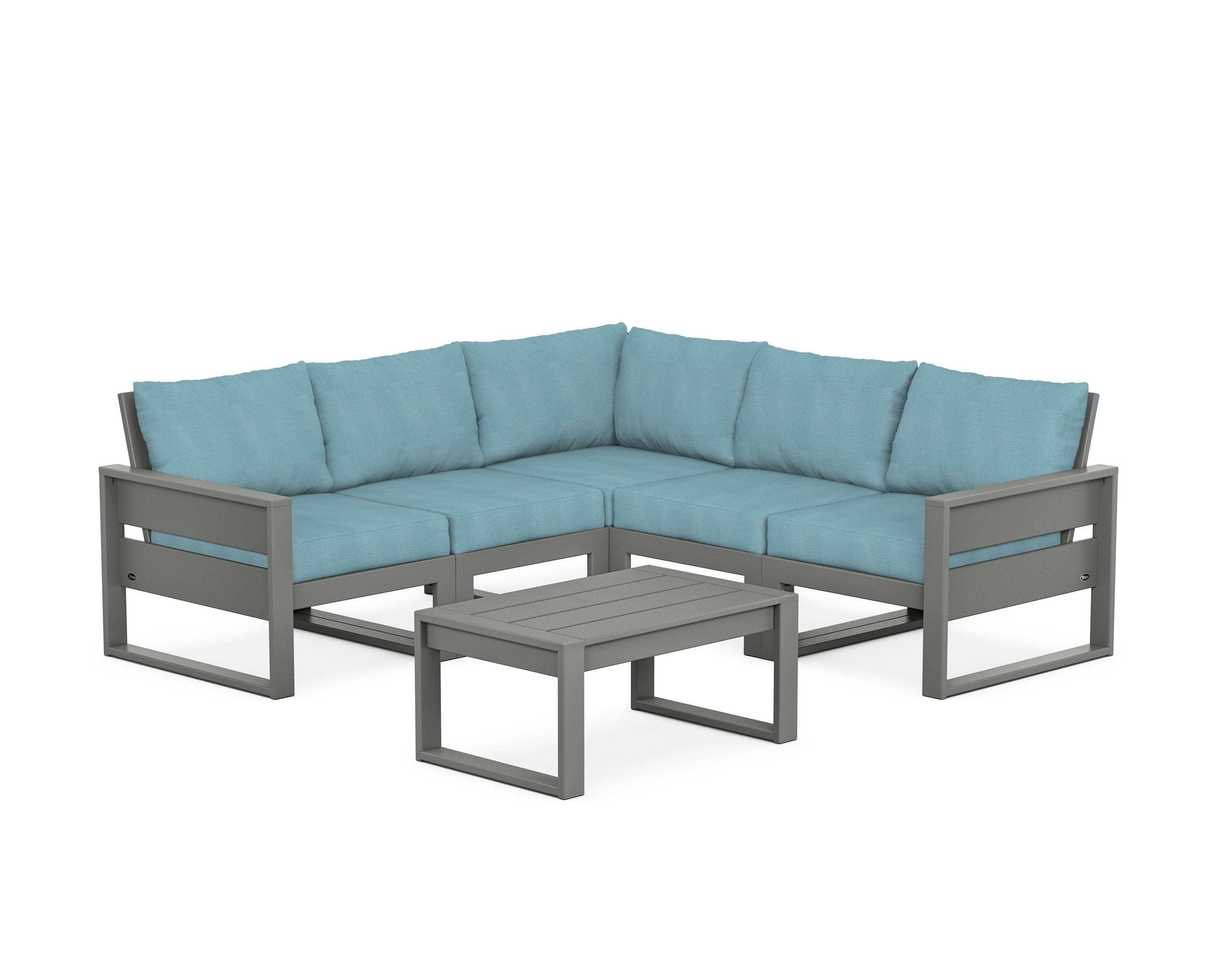 Eastport 6-Piece Deep Seating Sectional + Coffee Table Set in Stepping Stone / Lattice Sky Blue