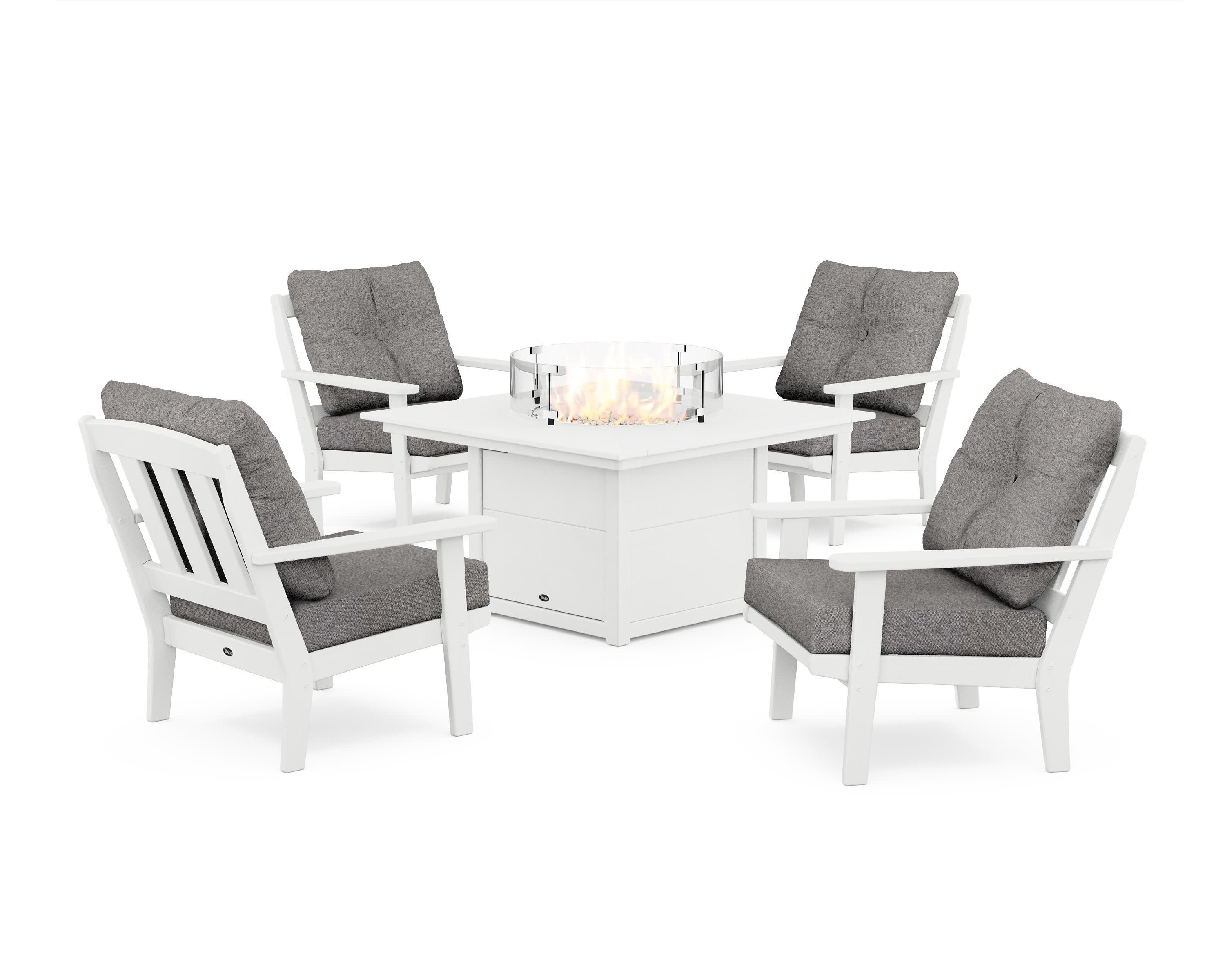 Cape Cod 5-Piece Deep Seating Set with Fire Pit Table in Classic White / Grey Mist