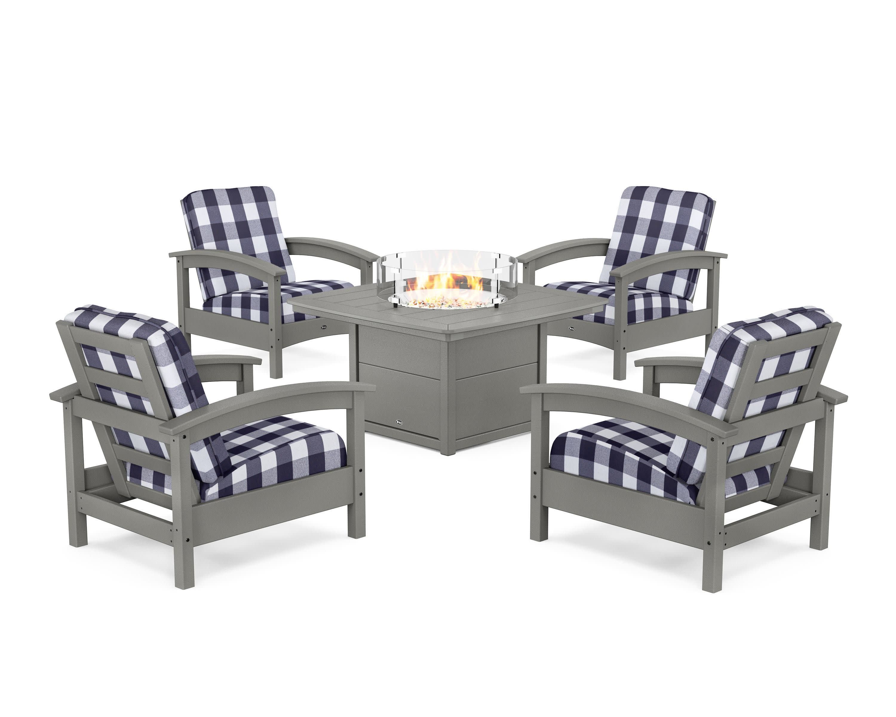 Rockport 5-Piece Deep Seating Set with Yacht Club Fire Pit Table in Stepping Stone / Buffalo Plaid Navy