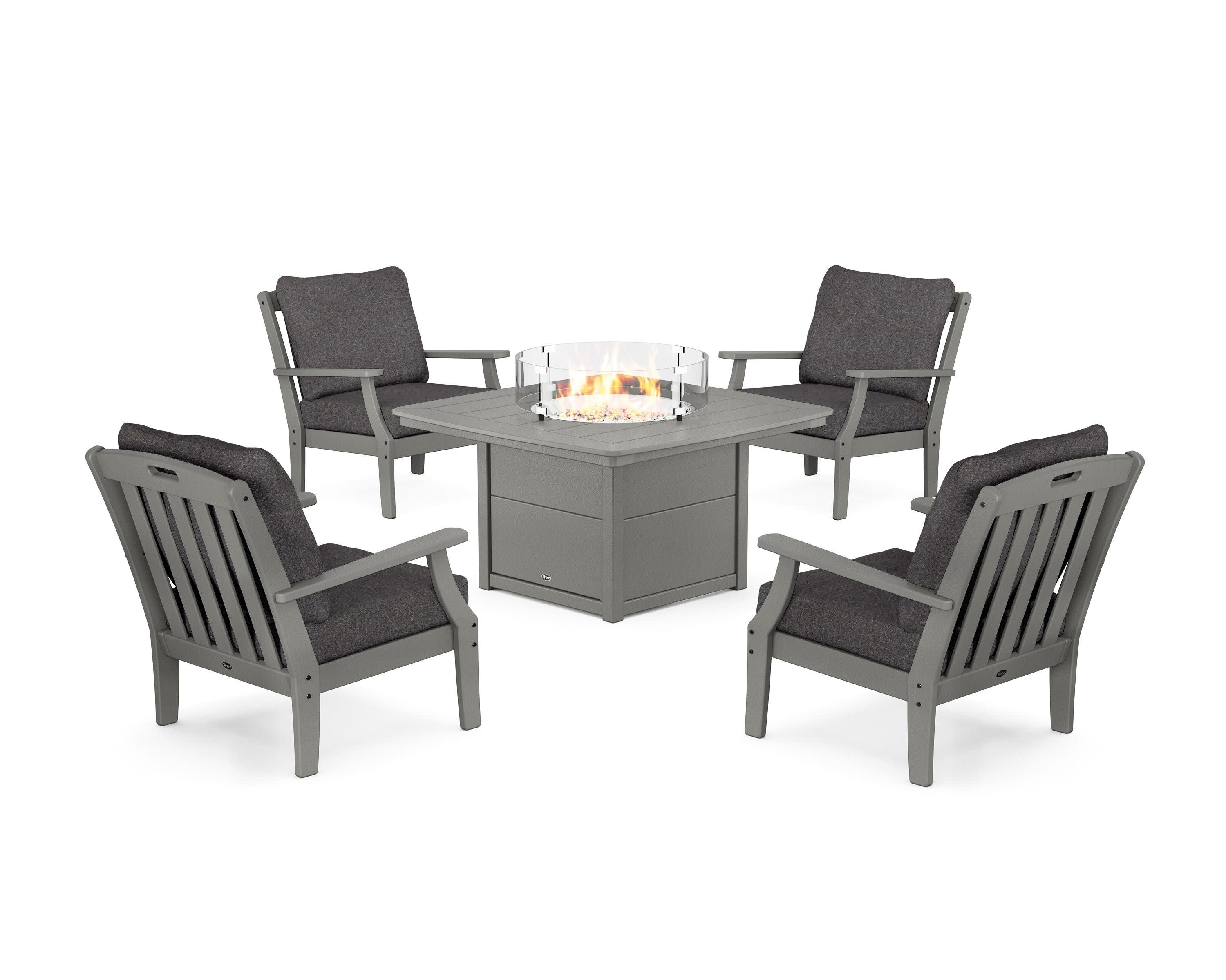 Yacht Club 5-Piece Deep Seating Set with Fire Pit Table in Stepping Stone / Ash Charcoal