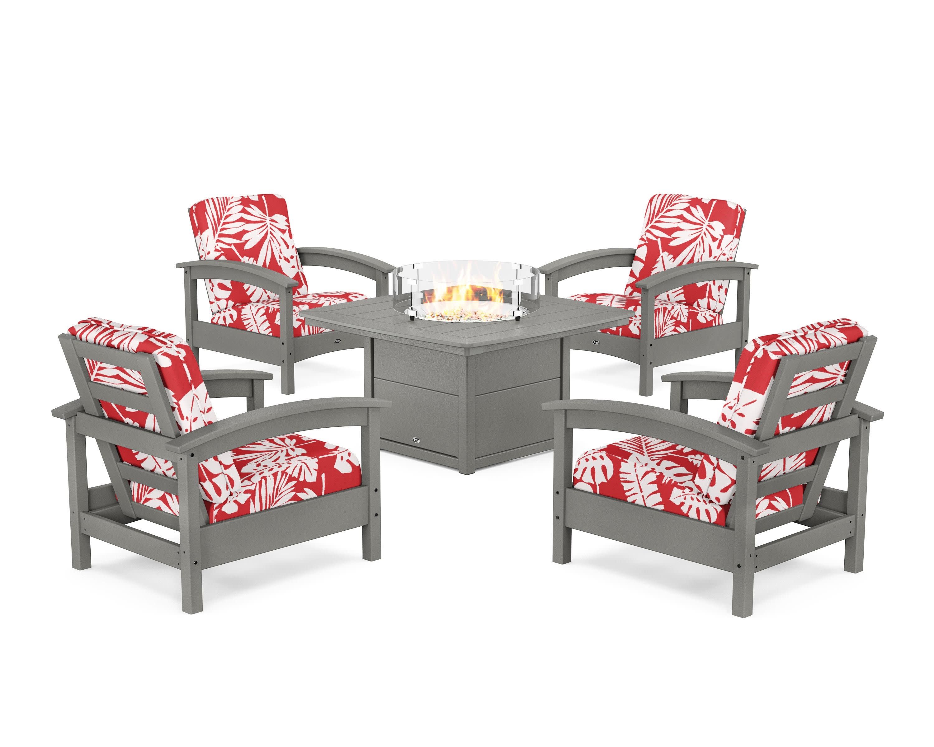 Rockport 5-Piece Deep Seating Set with Yacht Club Fire Pit Table in Stepping Stone / Leaf Crimson