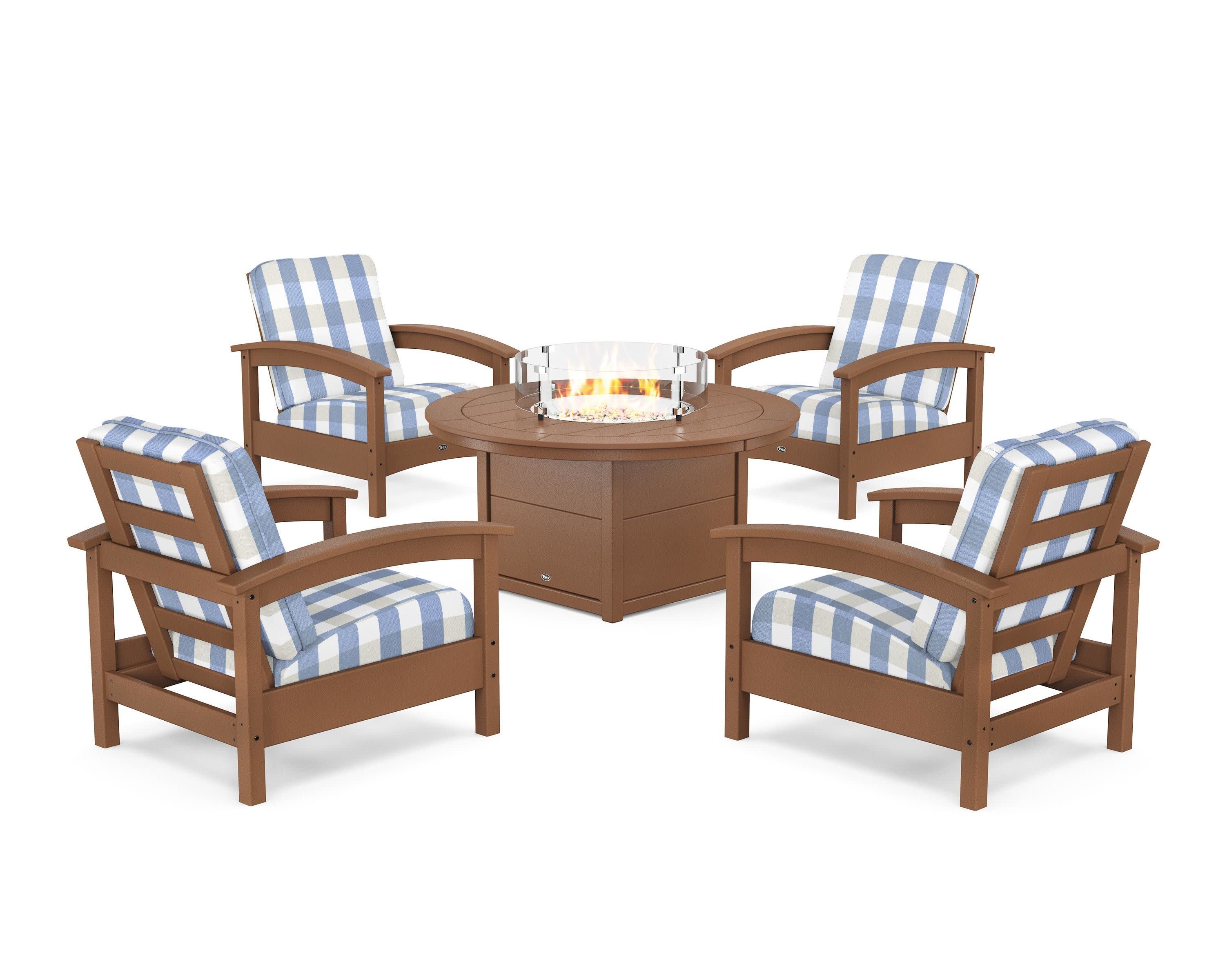 Rockport 5-Piece Deep Seating Set with Round Fire Pit Table in Tree House / Buffalo Plaid Sky Blue