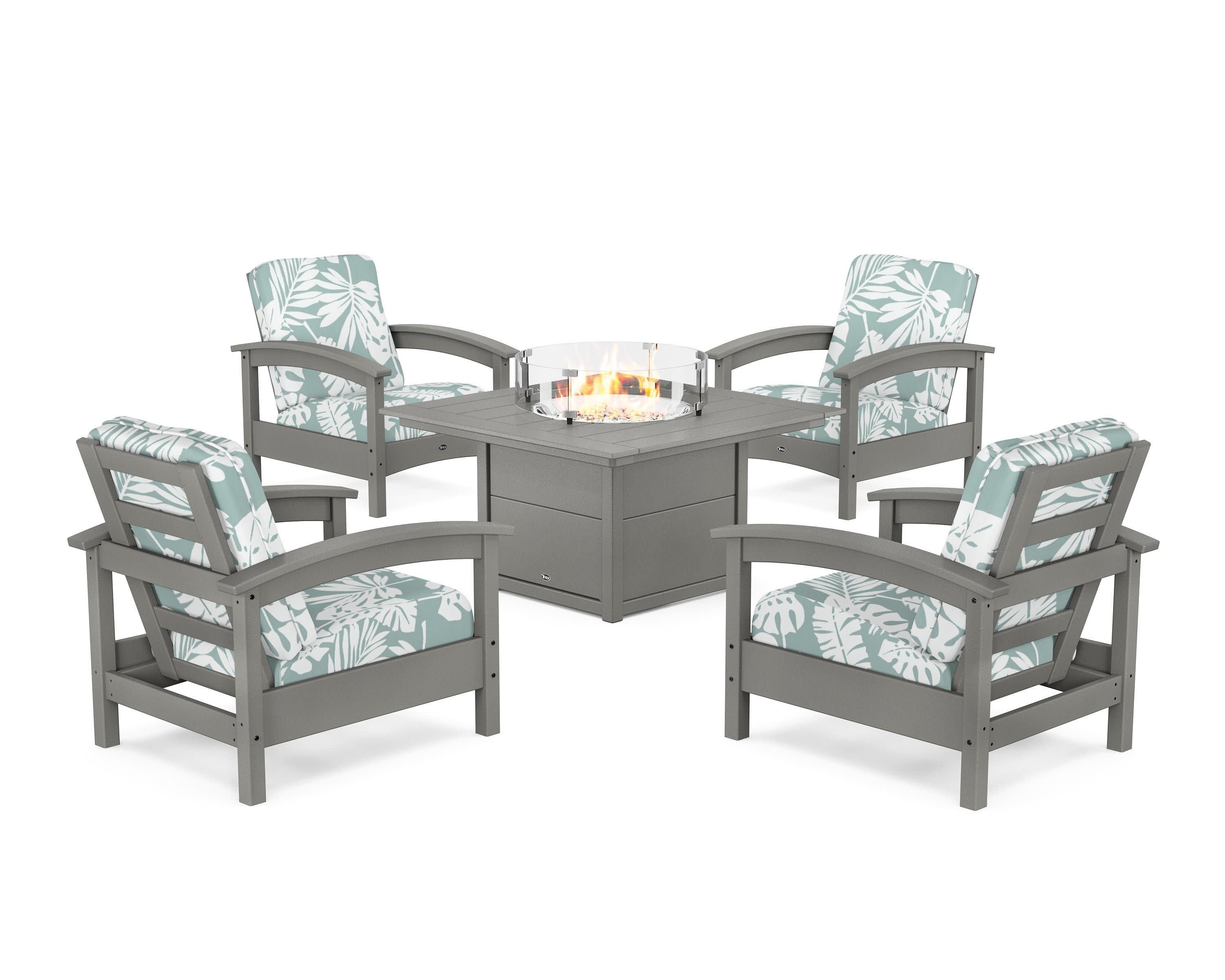 Rockport 5-Piece Deep Seating Set with Square Fire Pit Table in Stepping Stone / Leaf Glacier Spa
