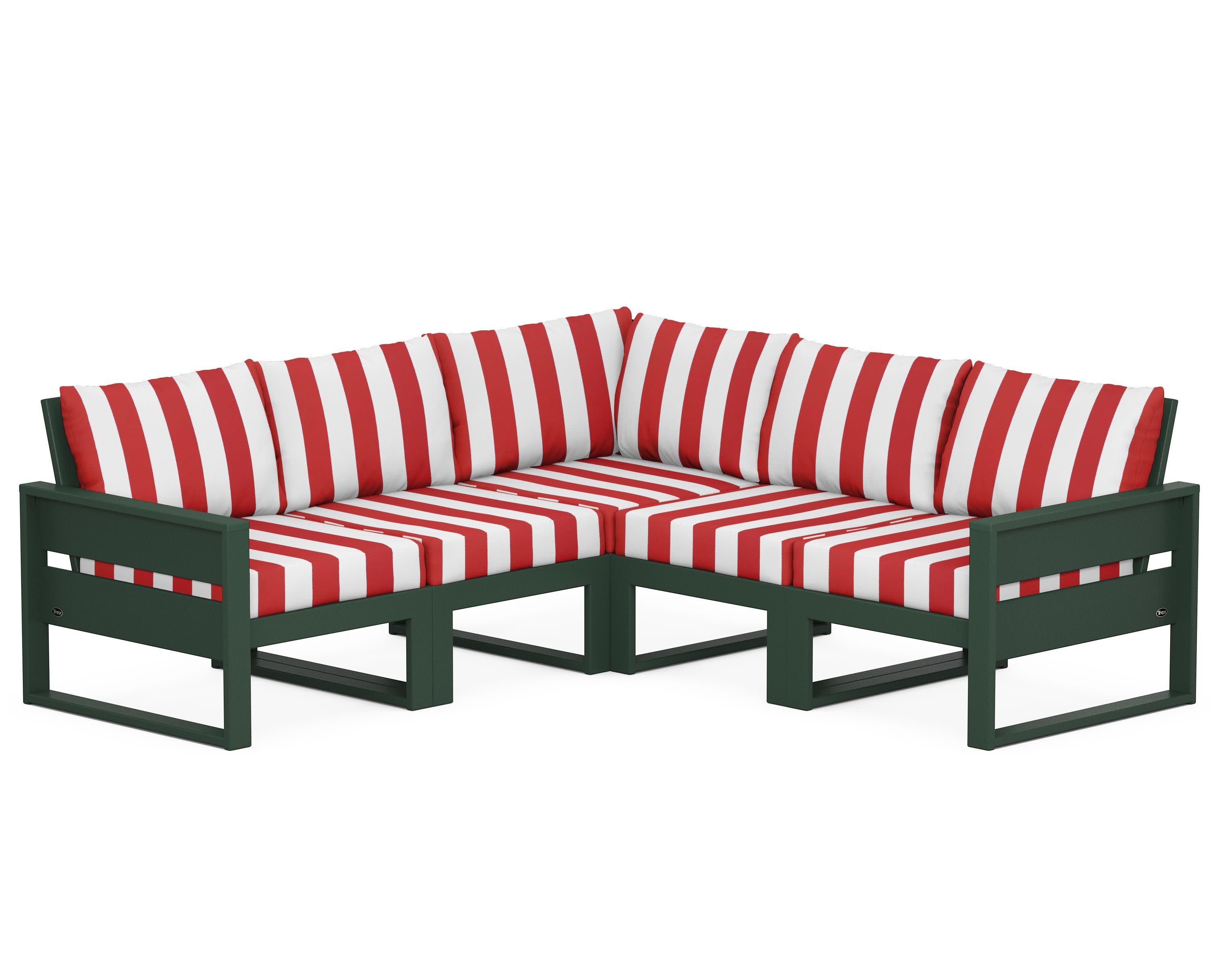 Eastport 5-Piece Sectional in Rainforest Canopy / Cabana Stripe Crimson