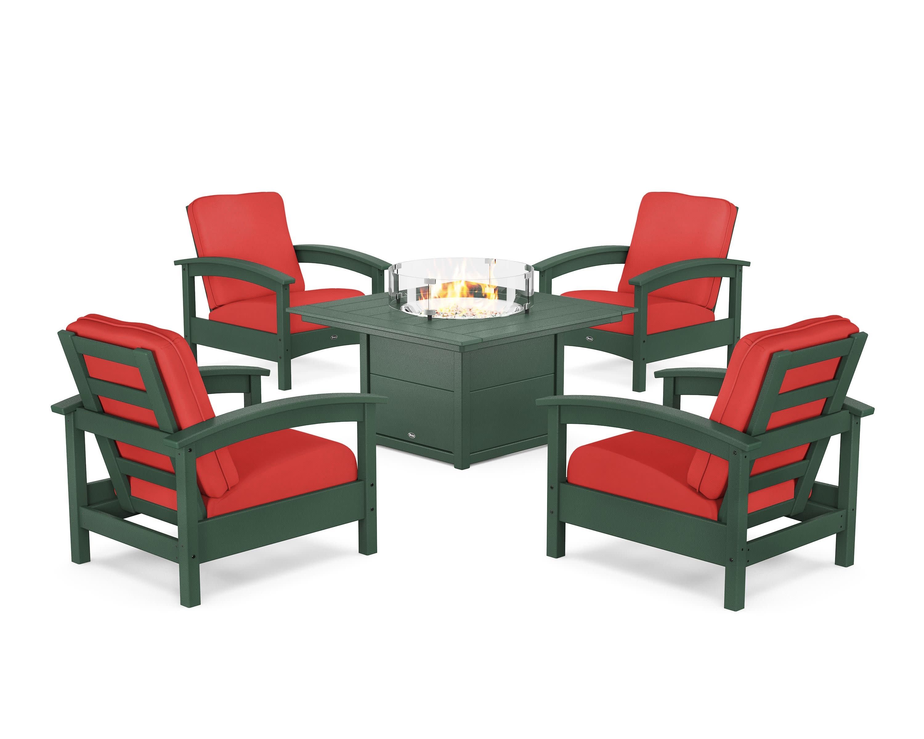 Rockport 5-Piece Deep Seating Set with Square Fire Pit Table in Rainforest Canopy / Crimson Linen