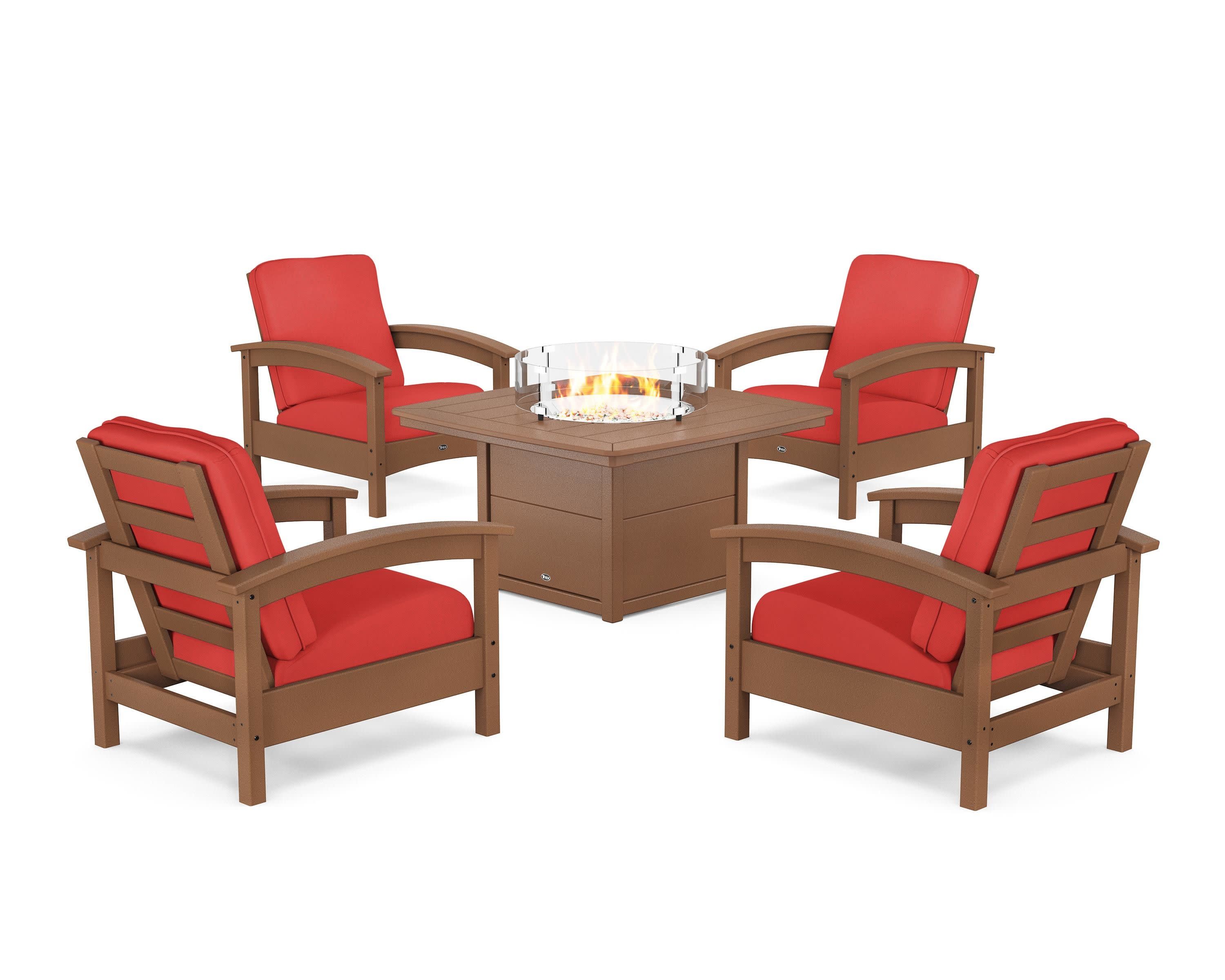 Rockport 5-Piece Deep Seating Set with Yacht Club Fire Pit Table in Tree House / Crimson Linen