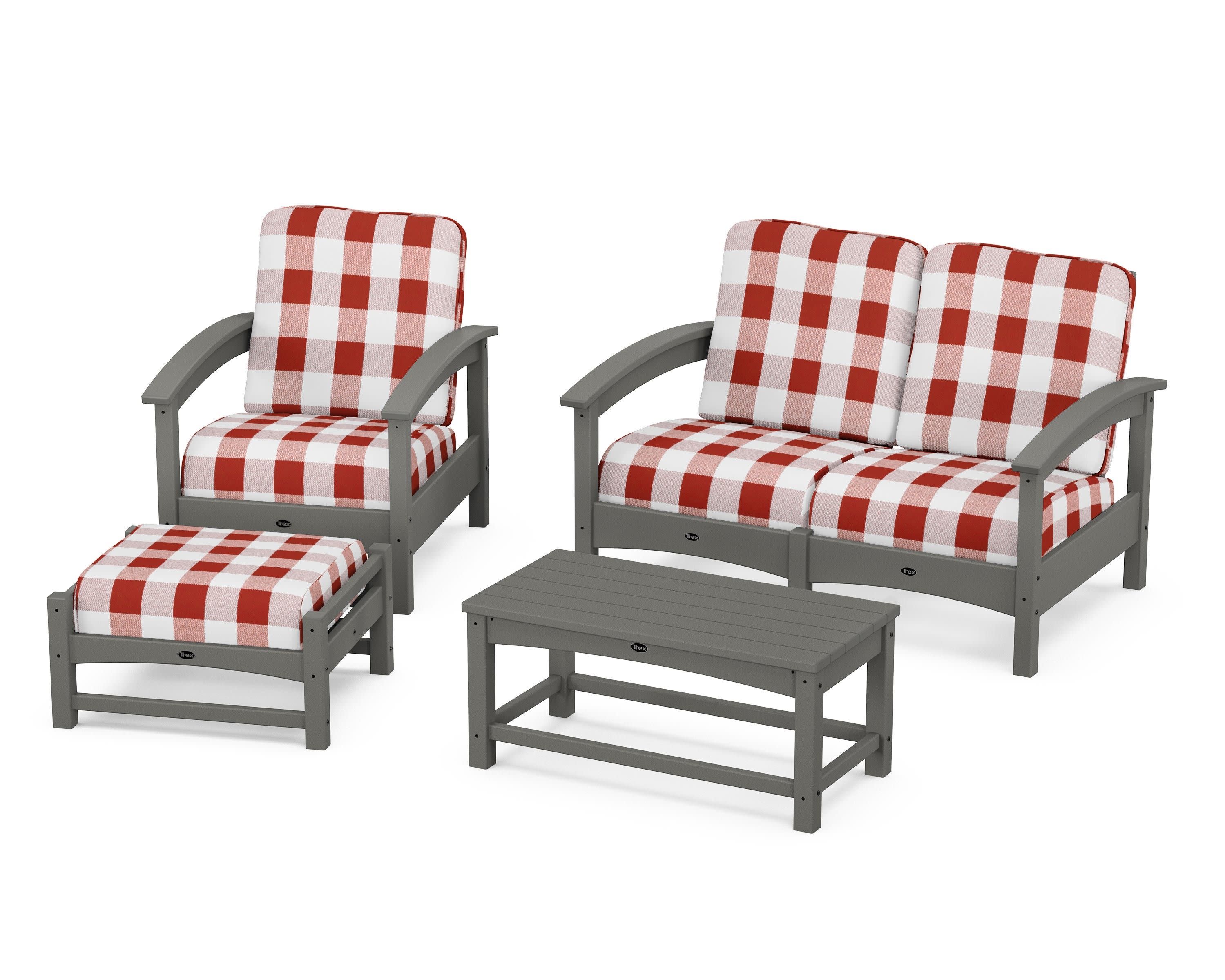 Rockport 4-Piece Deep Seating Conversation Group in Stepping Stone / Buffalo Plaid Crimson