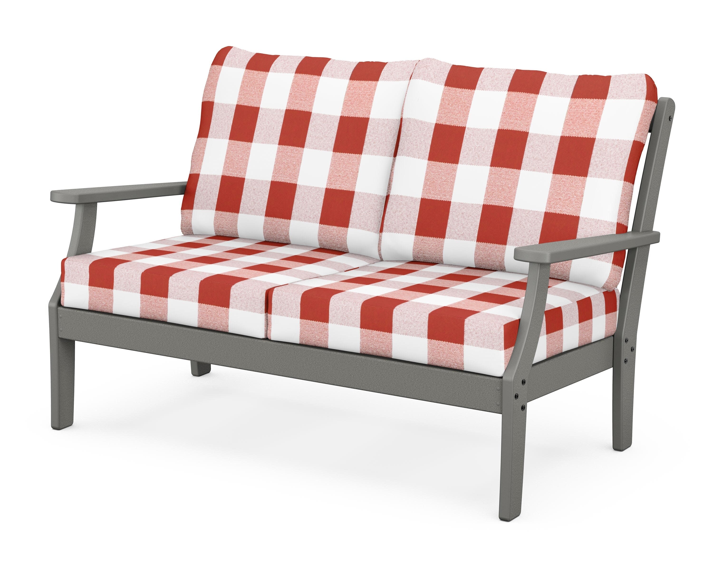 Yacht Club Deep Seating Loveseat in Stepping Stone / Buffalo Plaid Crimson