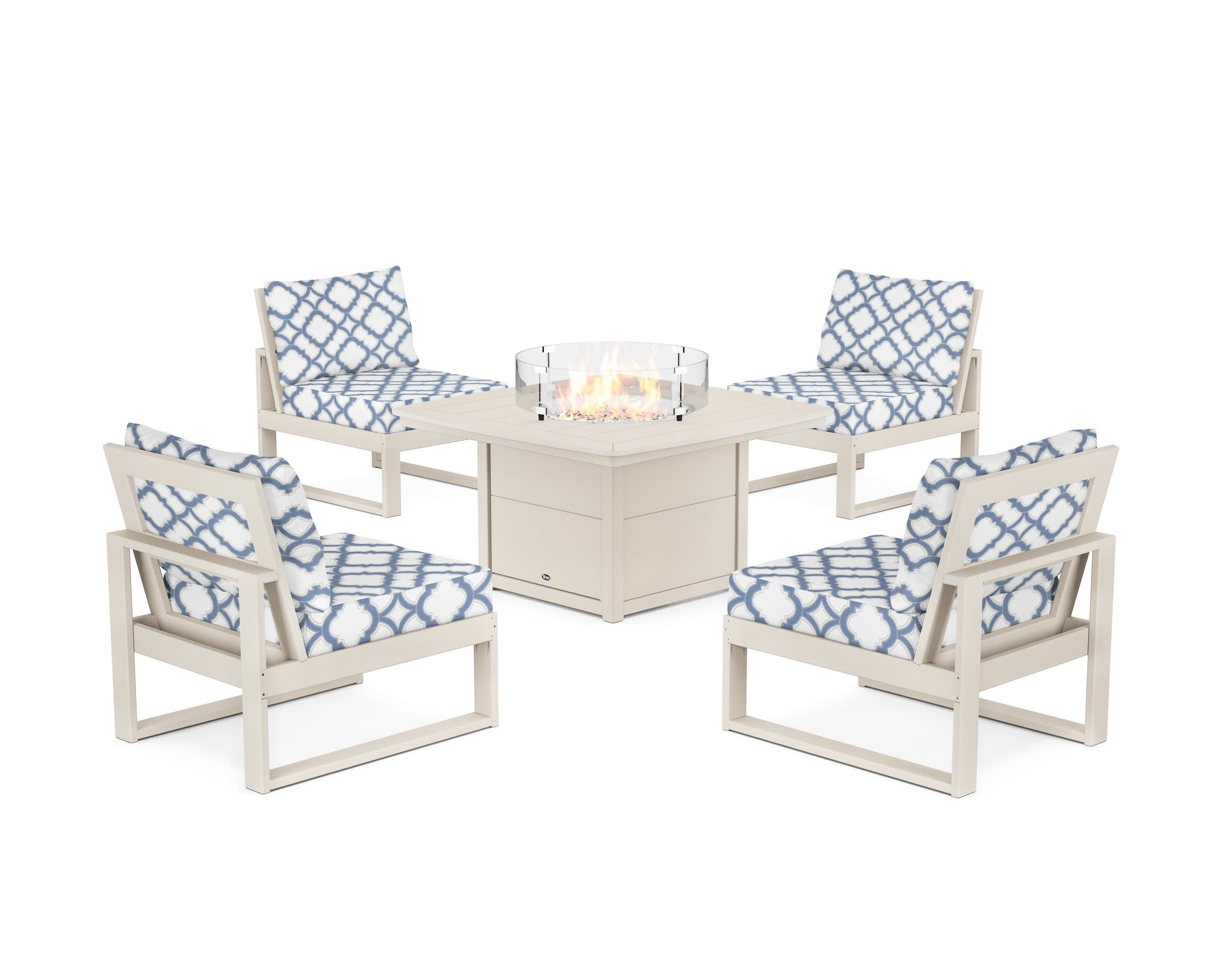 Eastport Modular 5-Piece Deep Seating Set with Yacht Club Fire Pit Table in Sand Castle / Trellis Sky Blue