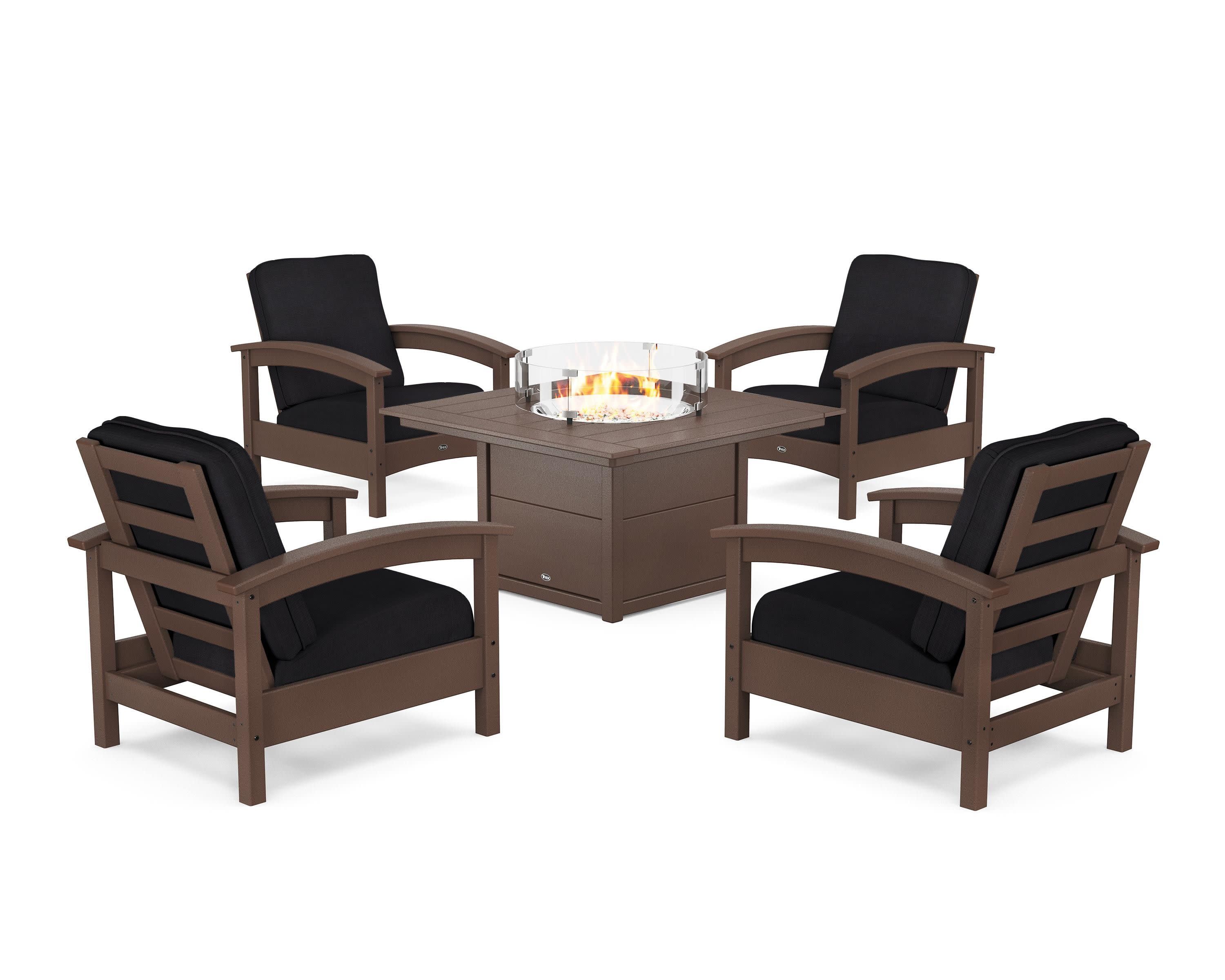 Rockport 5-Piece Deep Seating Set with Square Fire Pit Table in Vintage Lantern / Midnight Linen