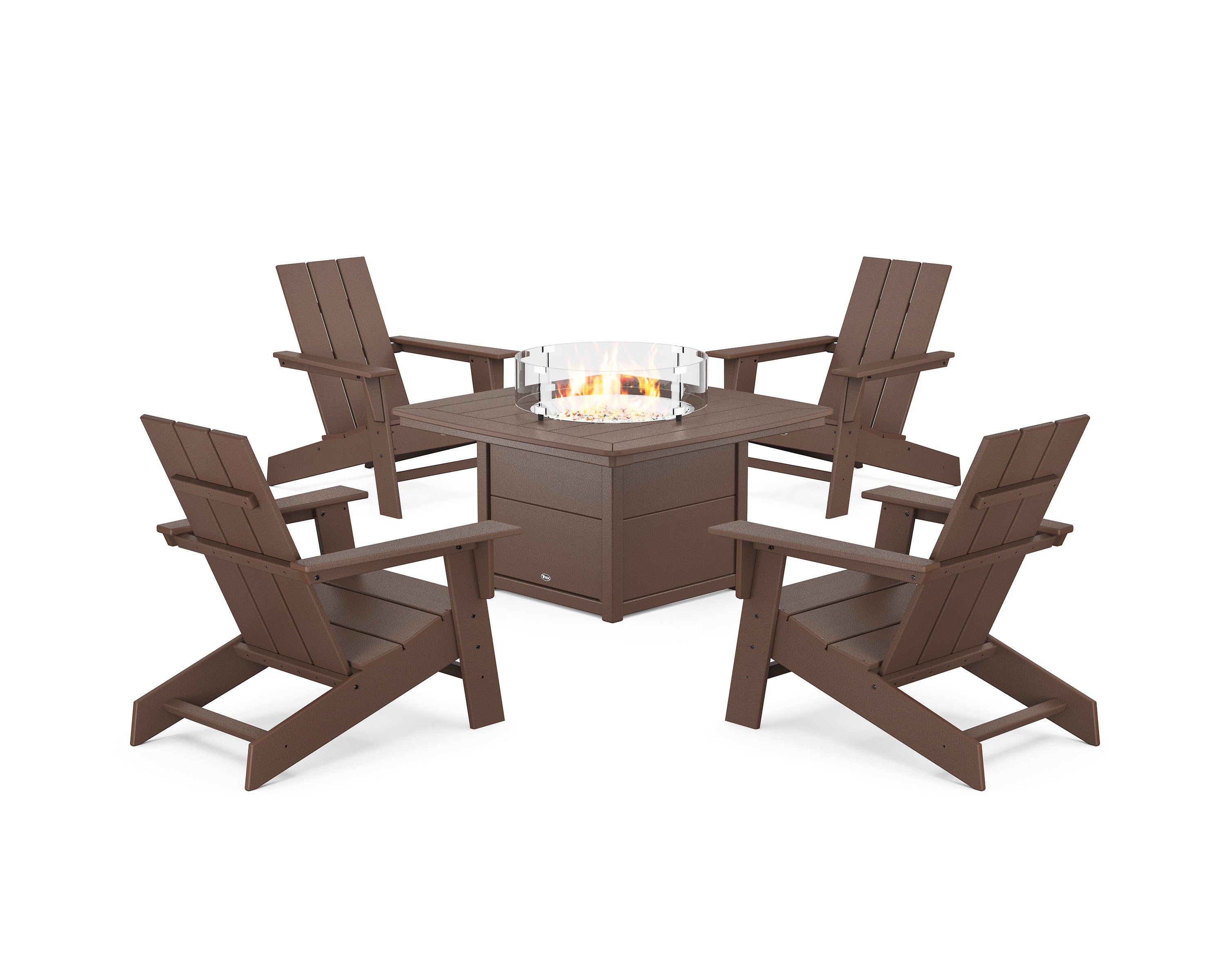 Eastport Modern Adirondack 5-Piece Set with Yacht Club Fire Pit Table in Vintage Lantern