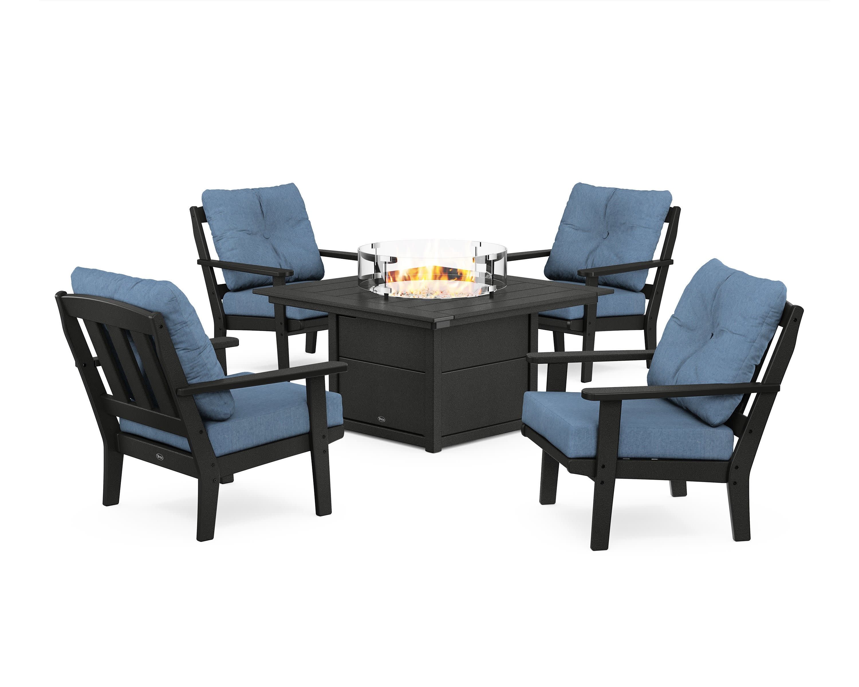 Cape Cod 5-Piece Deep Seating Set with Fire Pit Table in Charcoal Black / Sky Blue