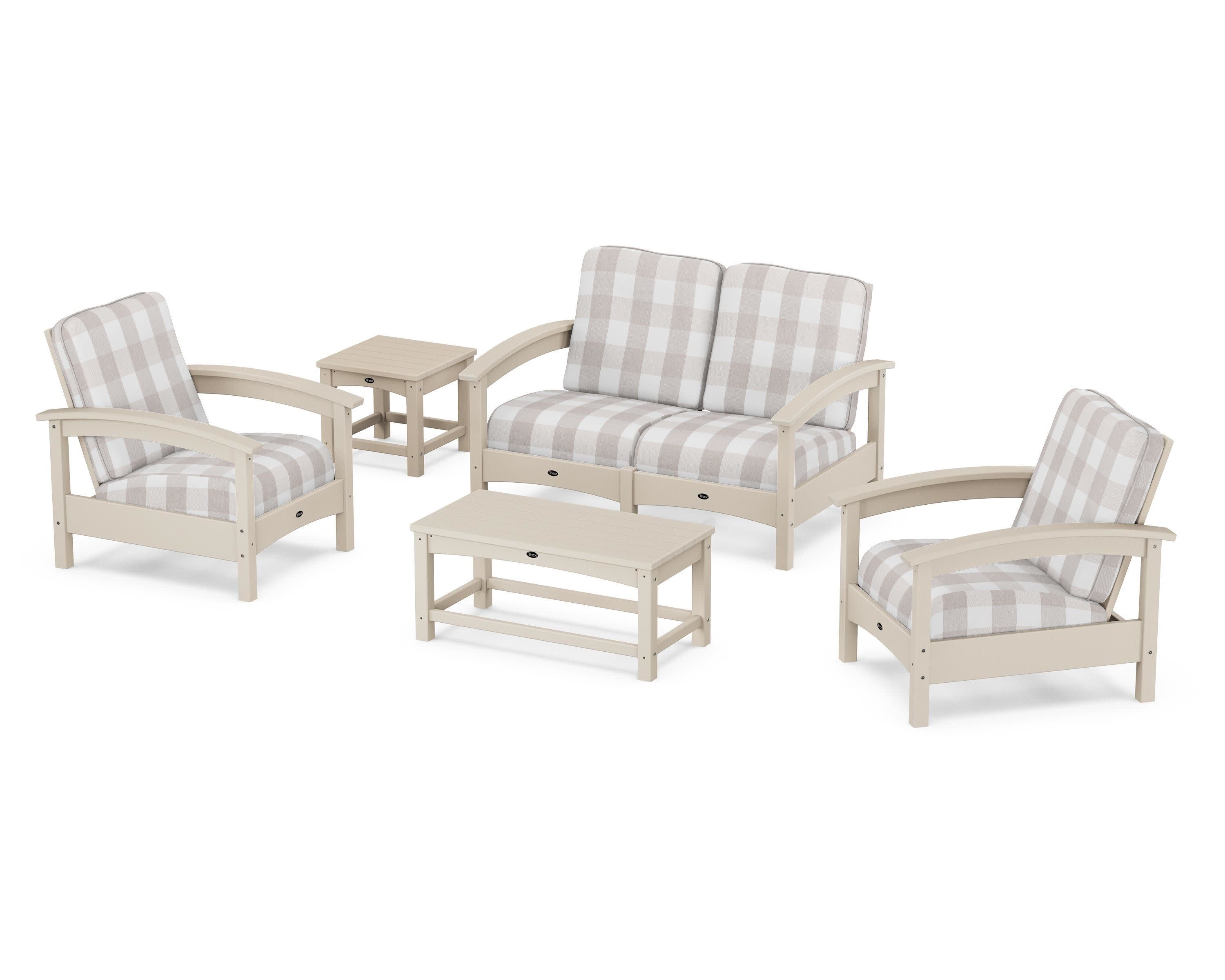 Rockport Club 6-Piece Deep Seating Conversation Set in Sand Castle / Buffalo Plaid Dune Burlap