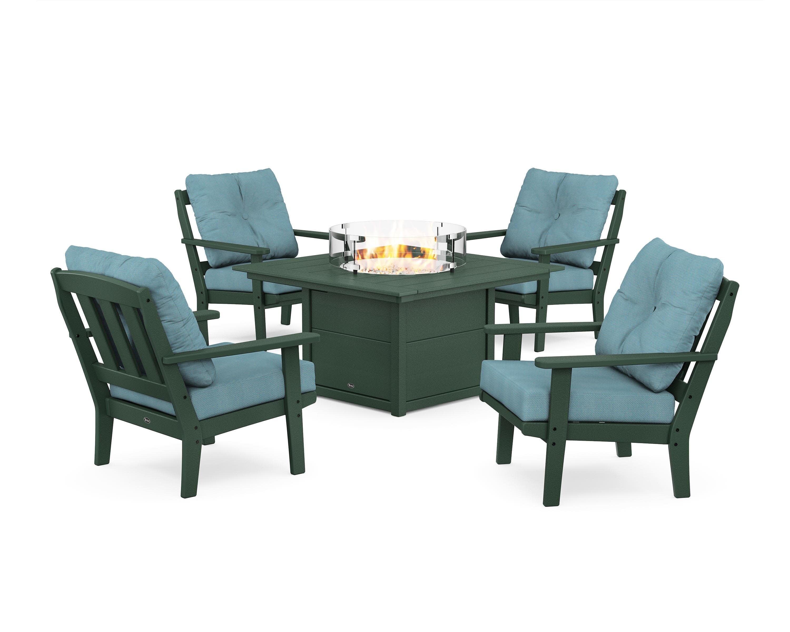 Cape Cod 5-Piece Deep Seating Set with Fire Pit Table in Rainforest Canopy / Lattice Sky Blue
