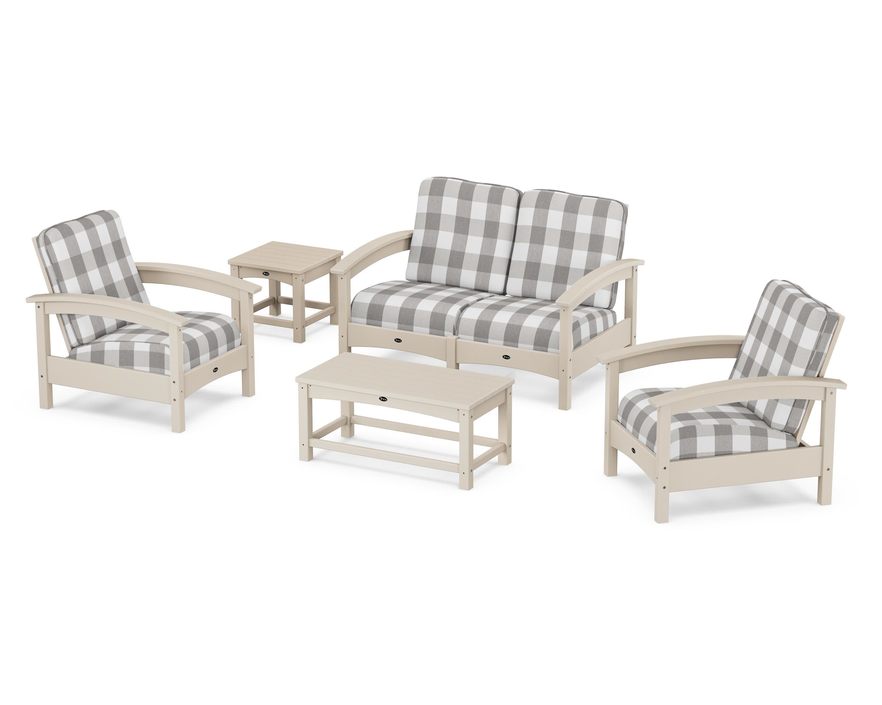 Rockport Club 6-Piece Deep Seating Conversation Set in Sand Castle / Buffalo Plaid Grey Mist