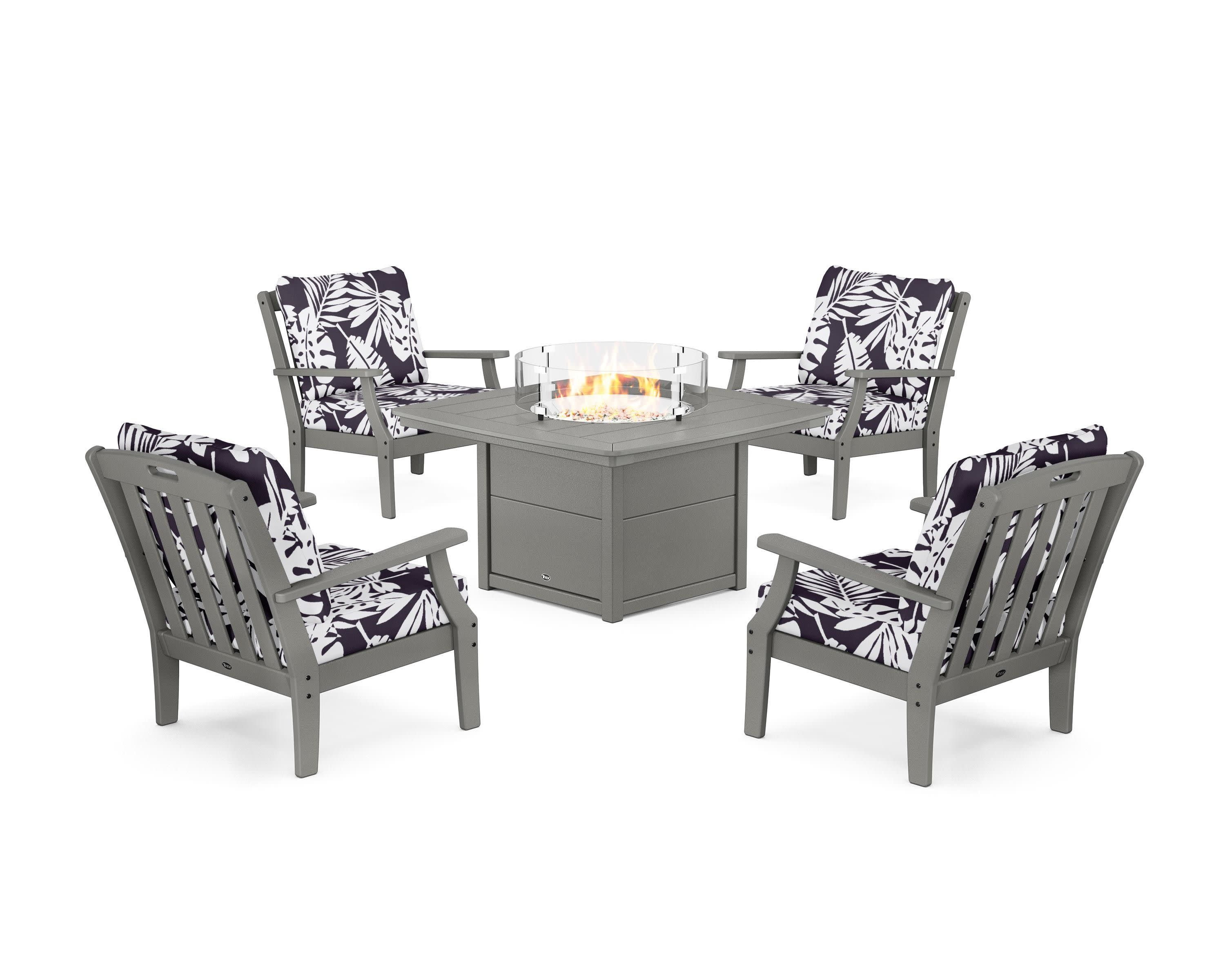 Yacht Club 5-Piece Deep Seating Set with Fire Pit Table in Stepping Stone / Leaf Navy