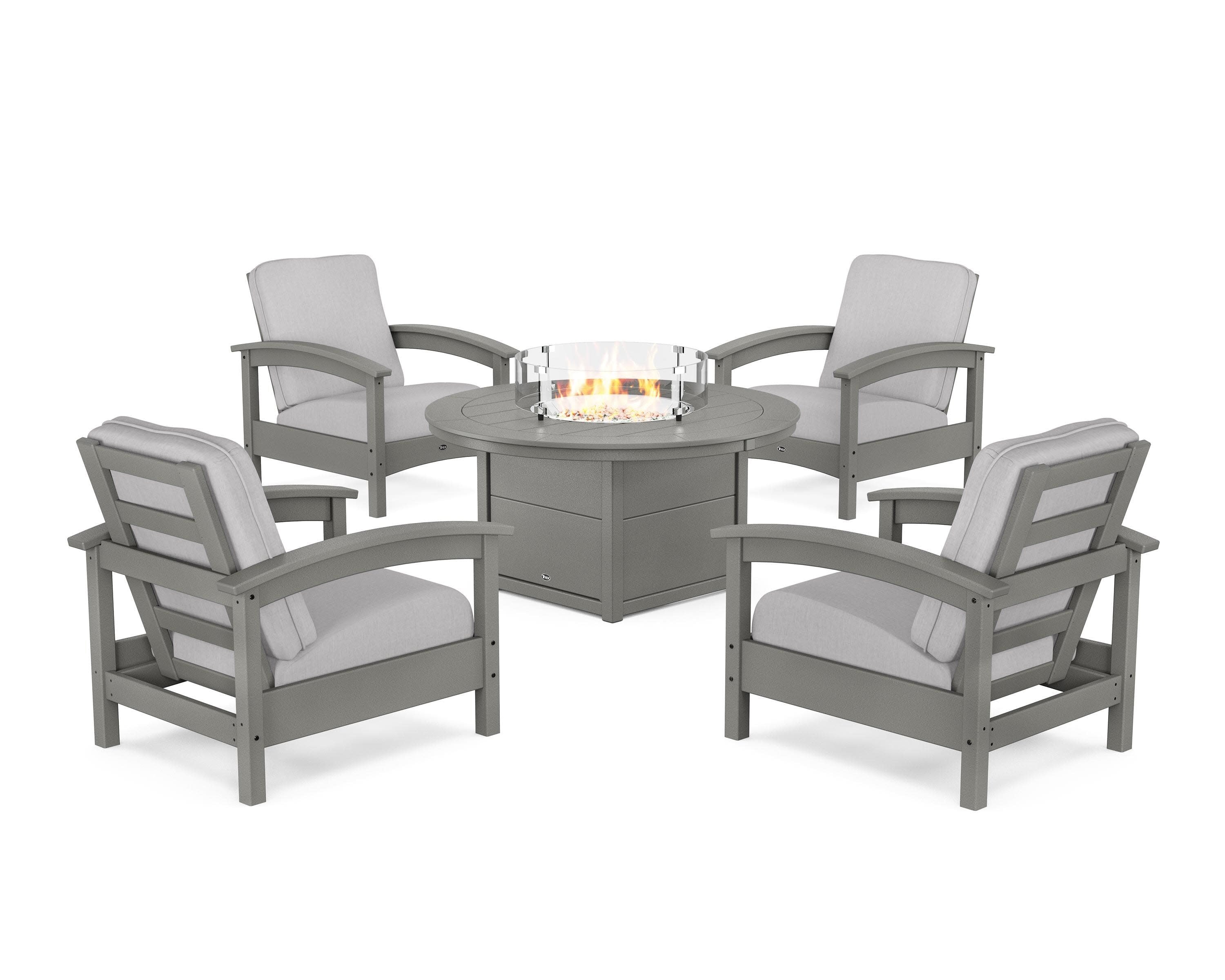 Rockport 5-Piece Deep Seating Set with Round Fire Pit Table in Stepping Stone / Granite
