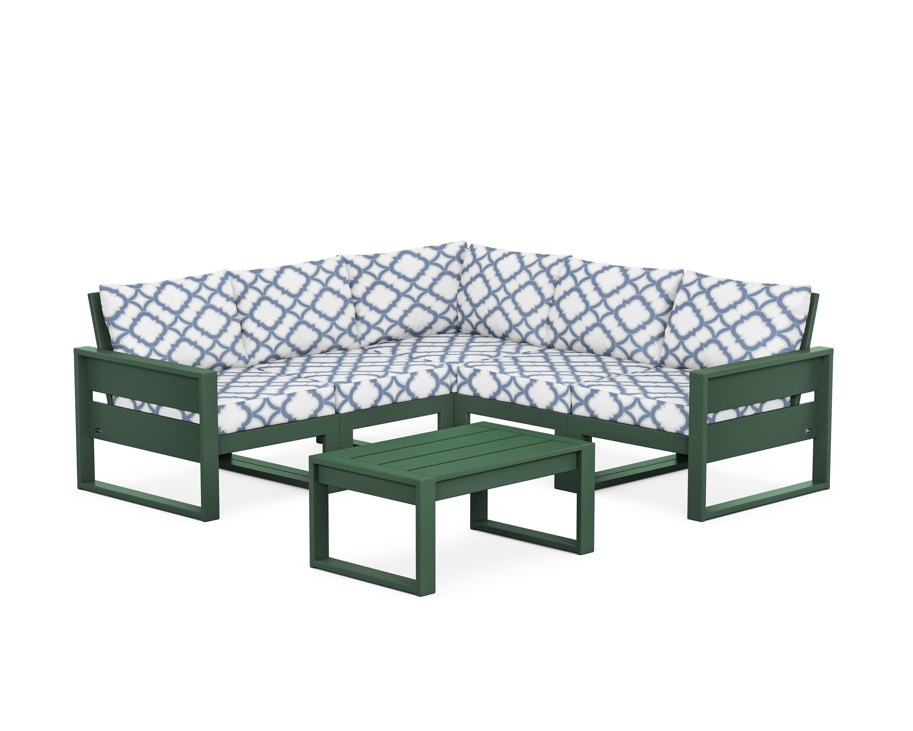 Eastport 6-Piece Deep Seating Sectional + Coffee Table Set in Rainforest Canopy / Trellis Sky Blue
