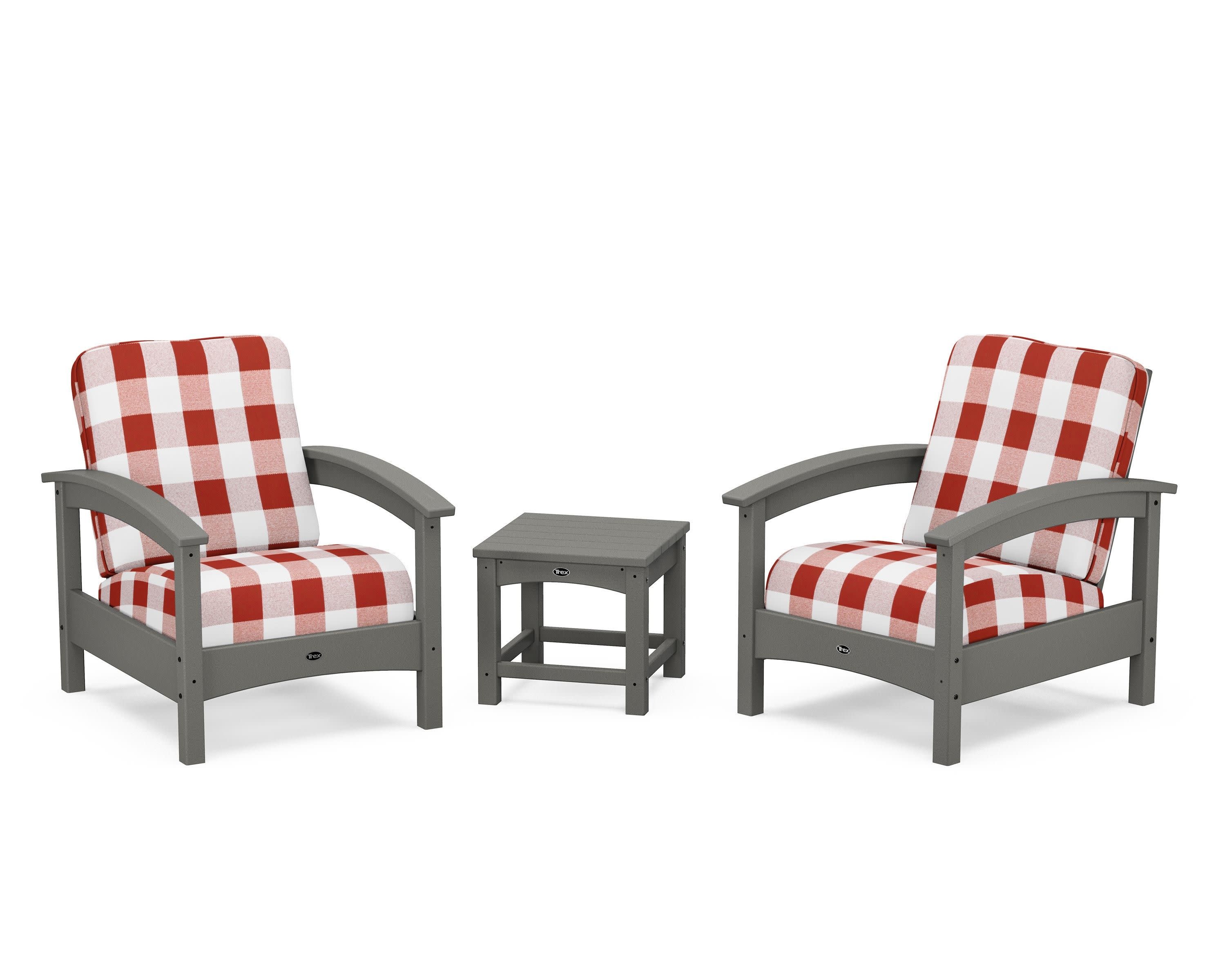 Rockport Club 3-Piece Deep Seating Conversation Set in Stepping Stone / Buffalo Plaid Crimson