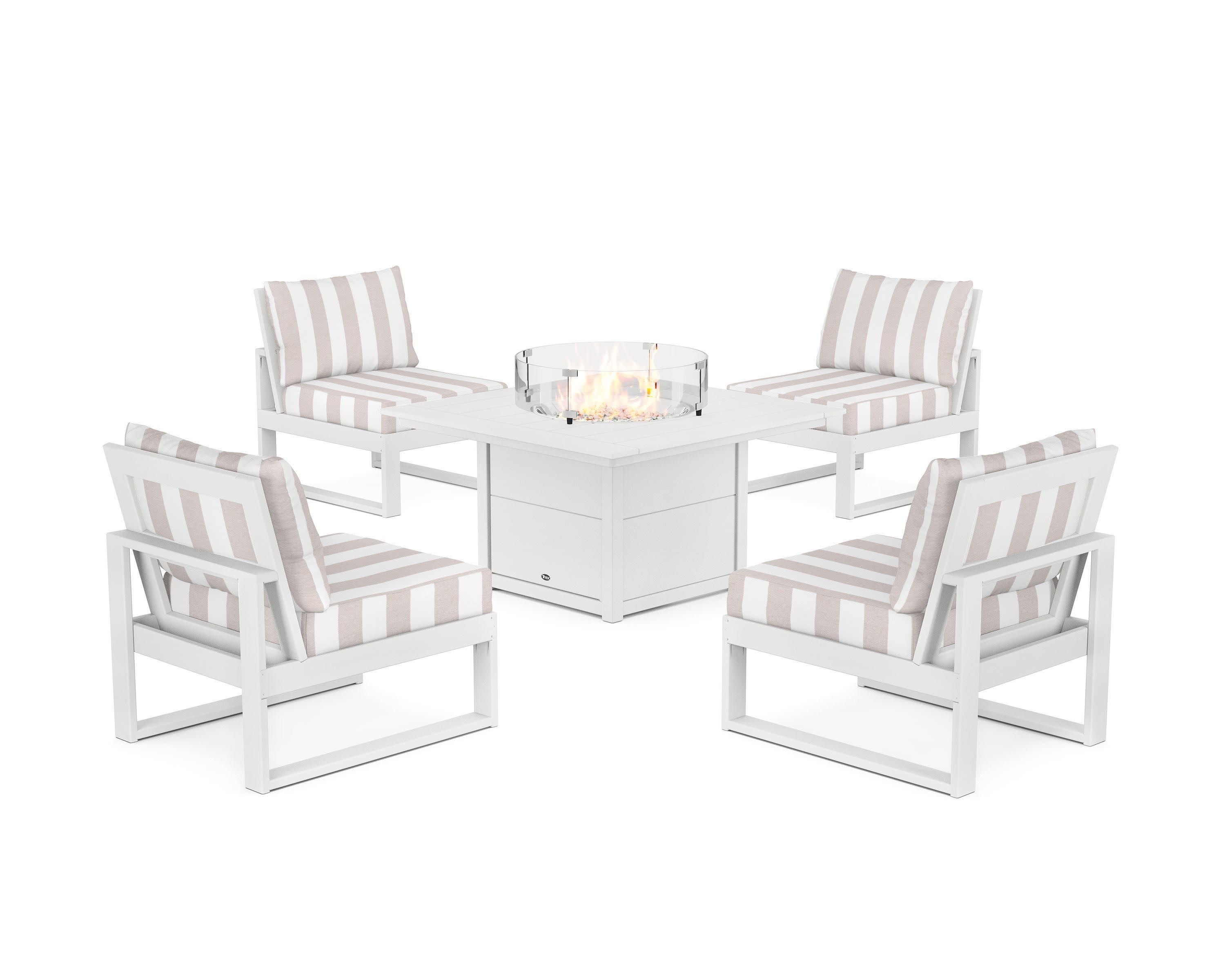 Eastport Modular 5-Piece Deep Seating Set with Square Fire Pit Table in Classic White / Cabana Stripe Dune Burlap