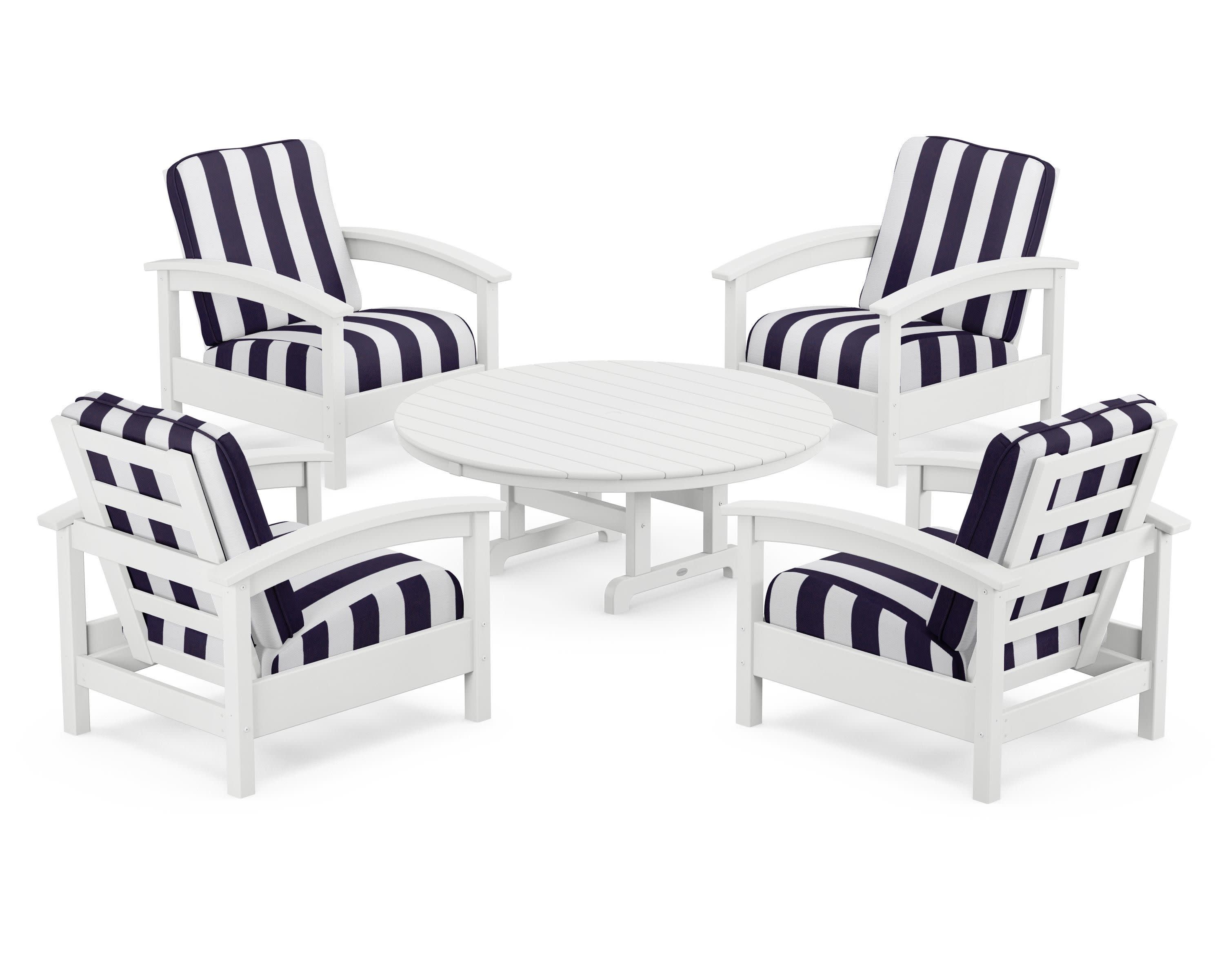 Rockport 5-Piece Deep Seating Set in Classic White / Cabana Stripe Navy