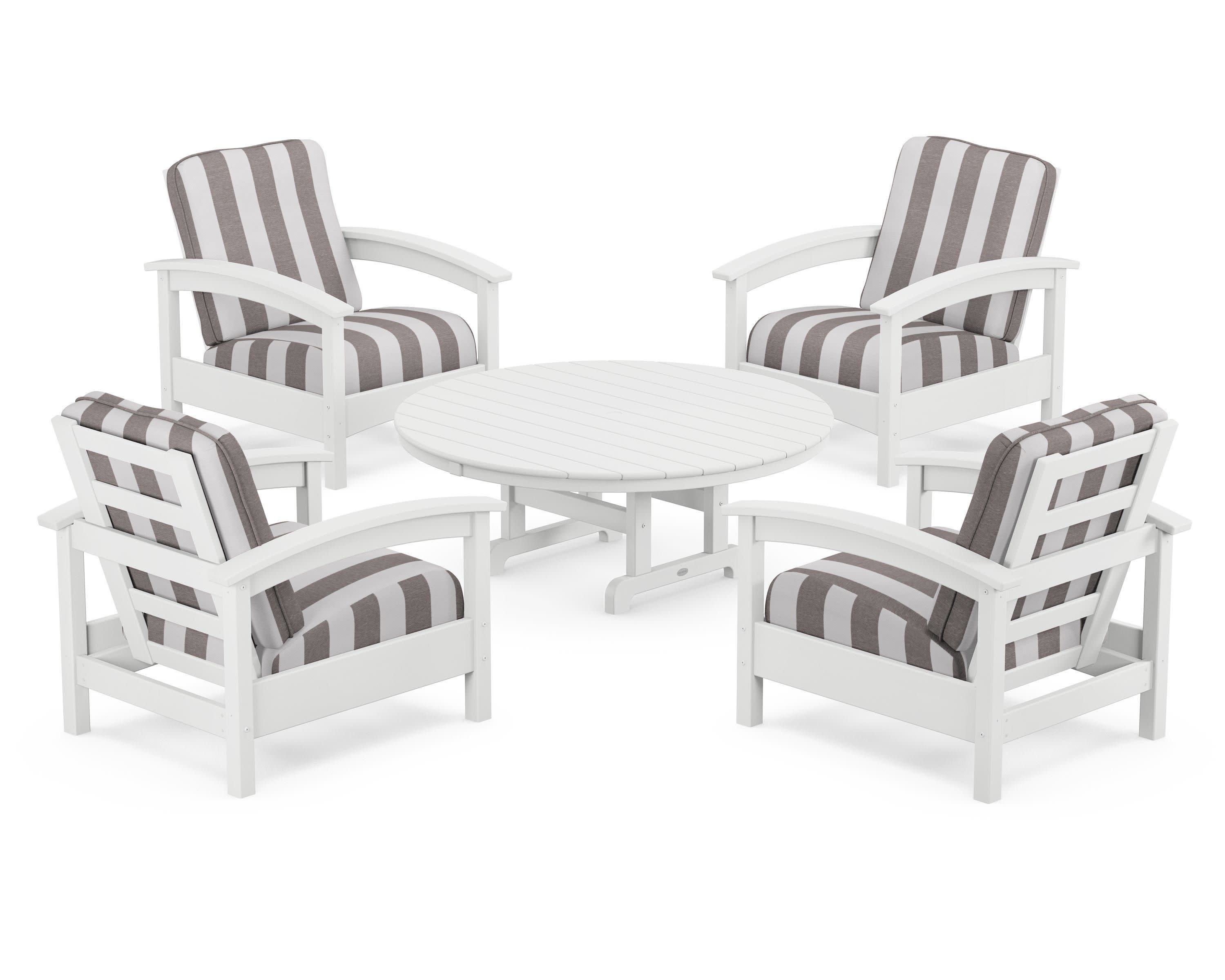 Rockport 5-Piece Deep Seating Set in Classic White / Cabana Stripe Grey Mist