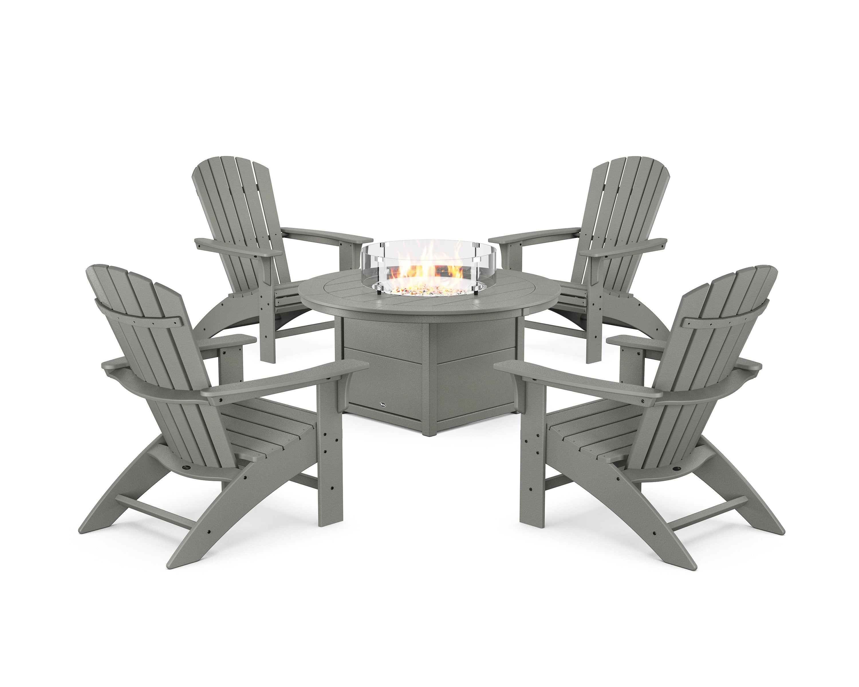 Yacht Club Adirondack 5-Piece Set with Round Fire Pit Table in Stepping Stone
