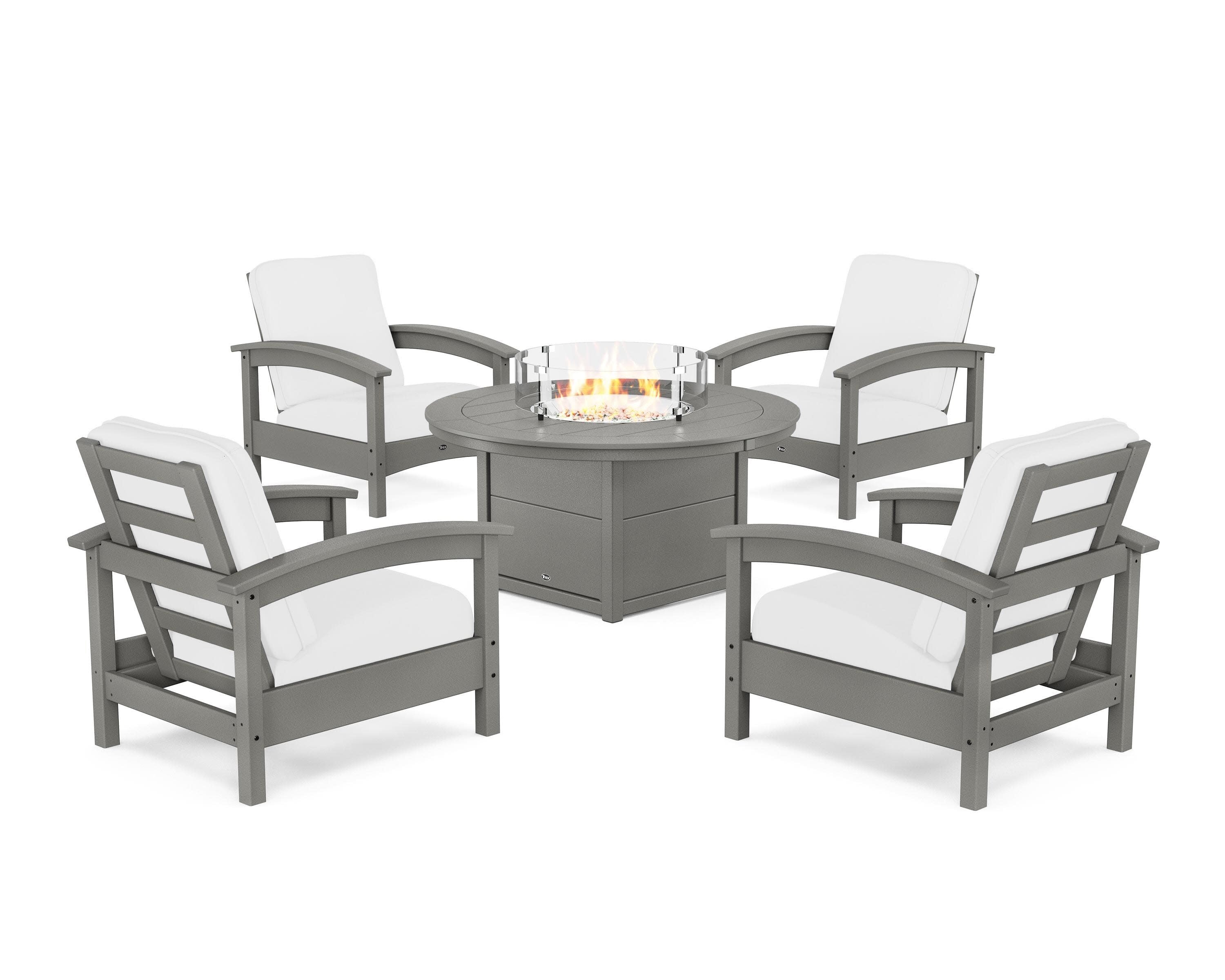 Rockport 5-Piece Deep Seating Set with Round Fire Pit Table in Stepping Stone / Natural