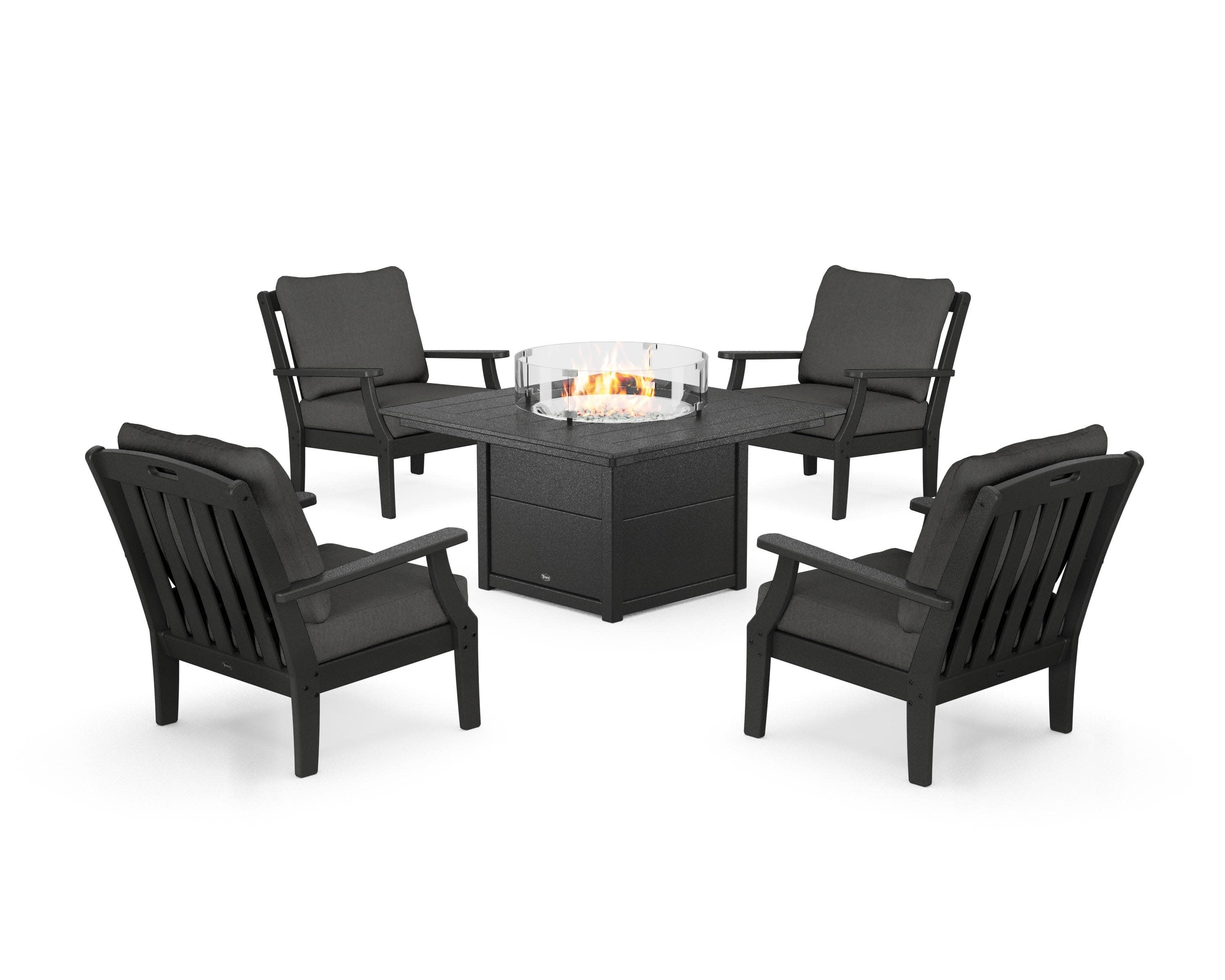 Yacht Club 5-Piece Deep Seating Set with Square Fire Pit Table in Charcoal Black / Spectrum Carbon