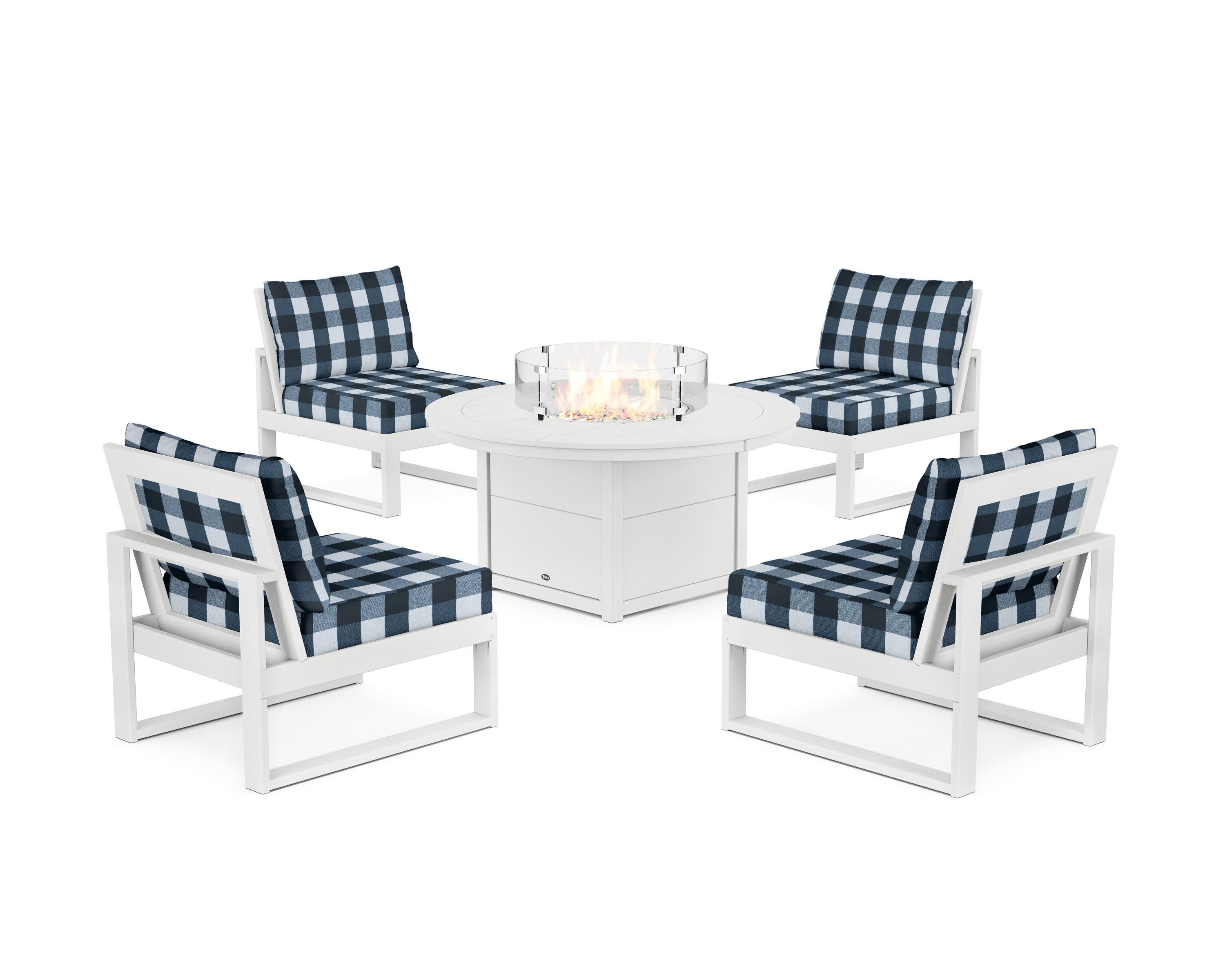 Eastport Modular 5-Piece Deep Seating Set with Round Fire Pit Table in Classic White / Buffalo Plaid Marine Indigo