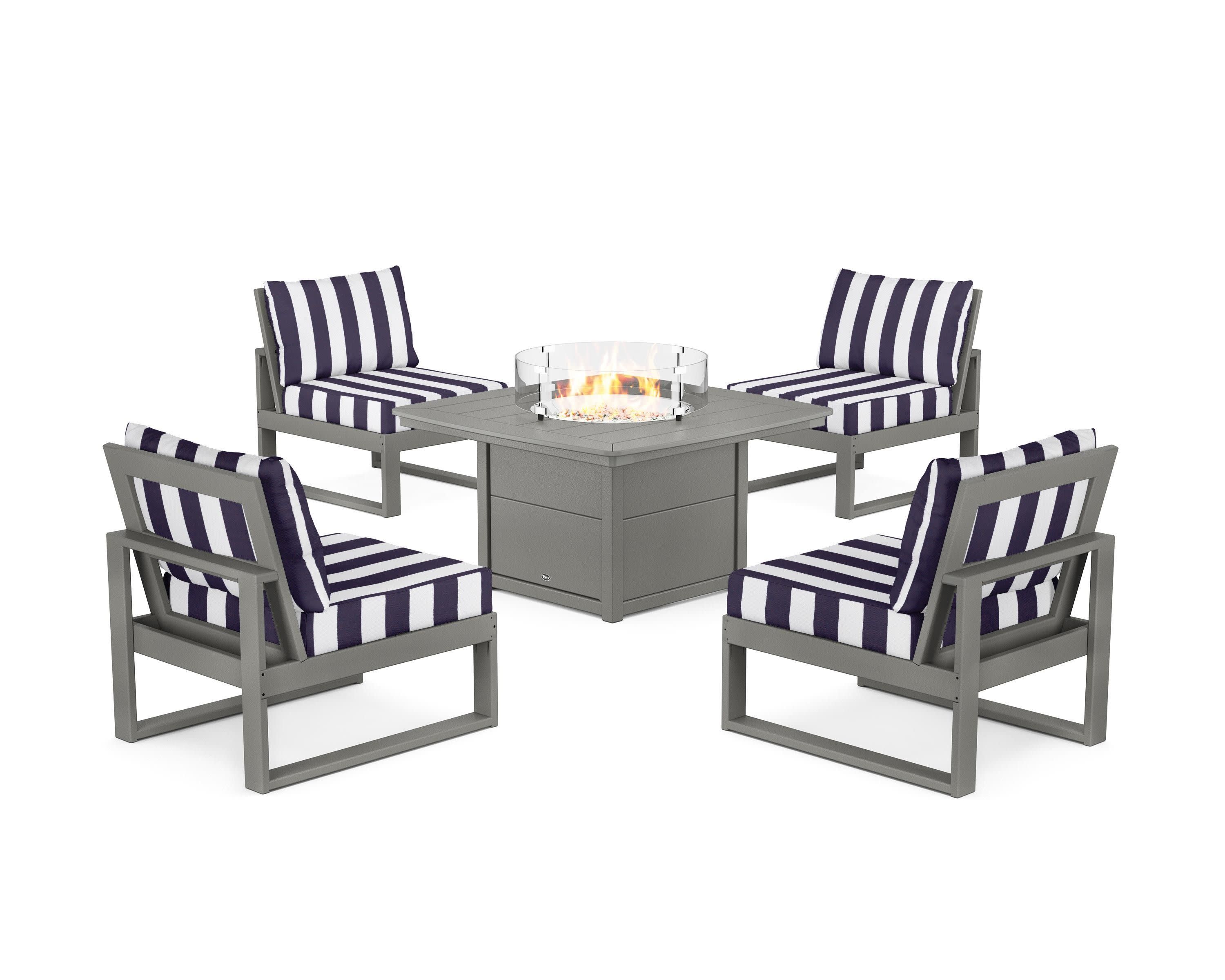 Eastport Modular 5-Piece Deep Seating Set with Yacht Club Fire Pit Table in Stepping Stone / Cabana Stripe Navy