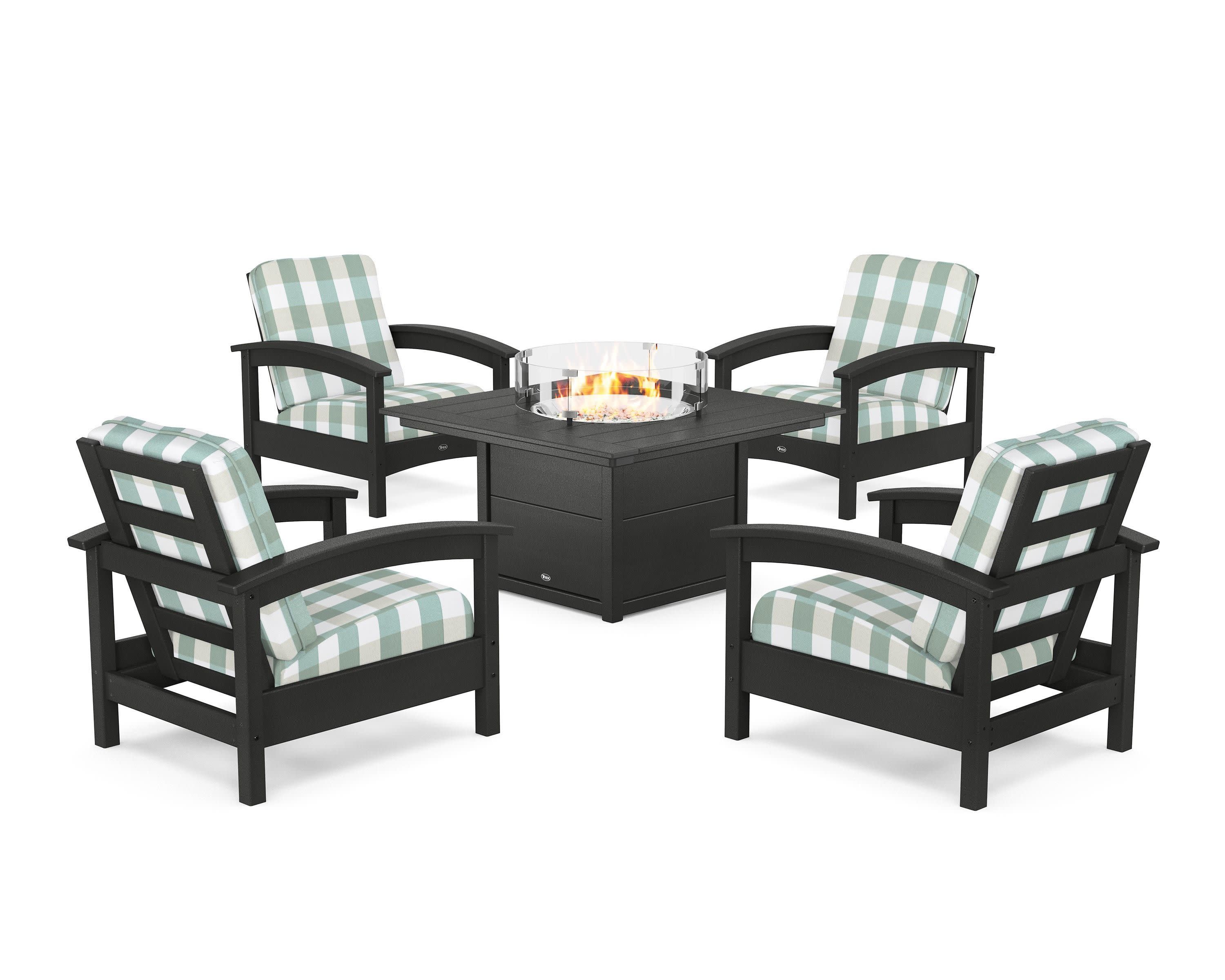 Rockport 5-Piece Deep Seating Set with Square Fire Pit Table in Charcoal Black / Buffalo Plaid Glacier Spa