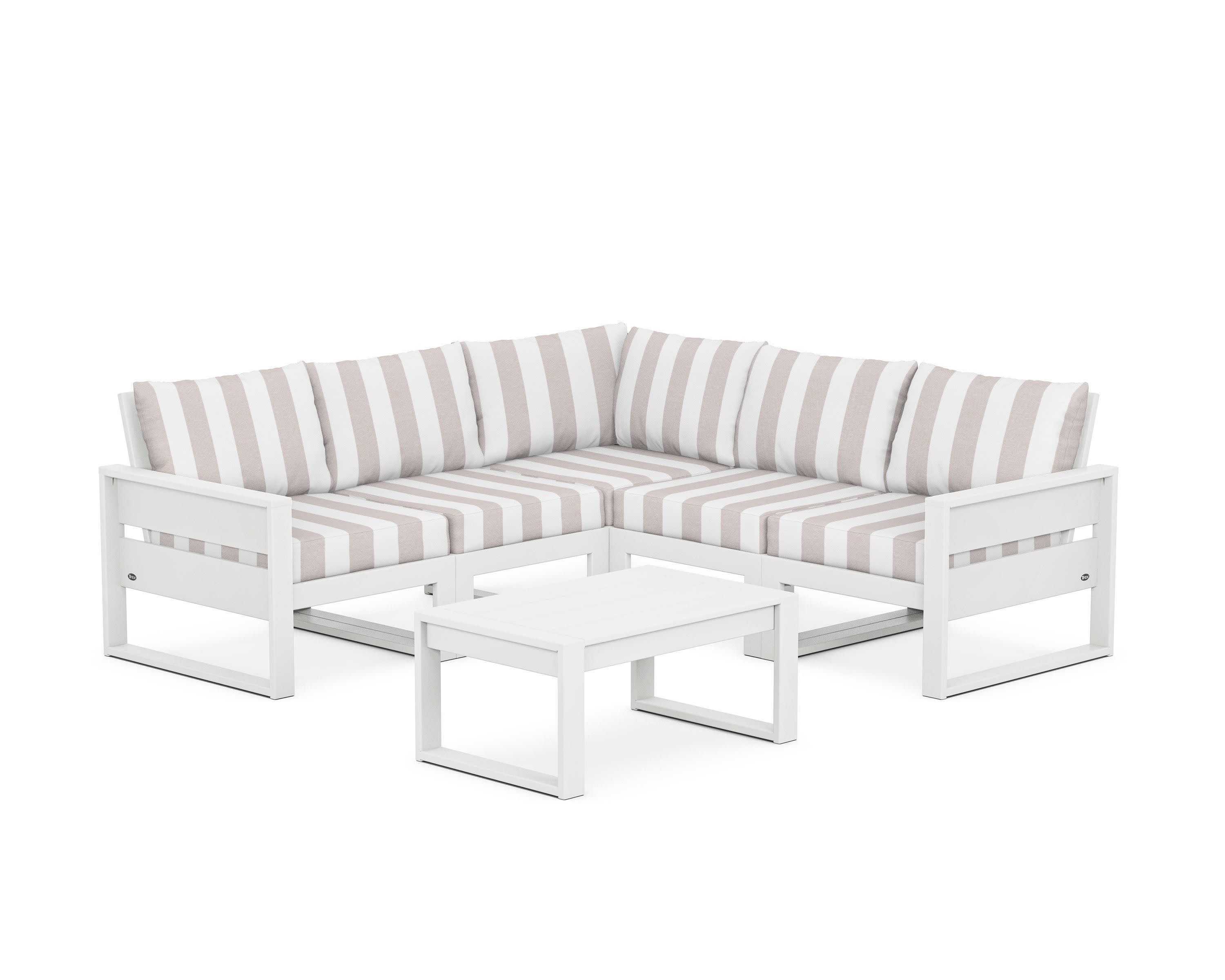 Eastport 6-Piece Deep Seating Sectional + Coffee Table Set in Classic White / Cabana Stripe Dune Burlap