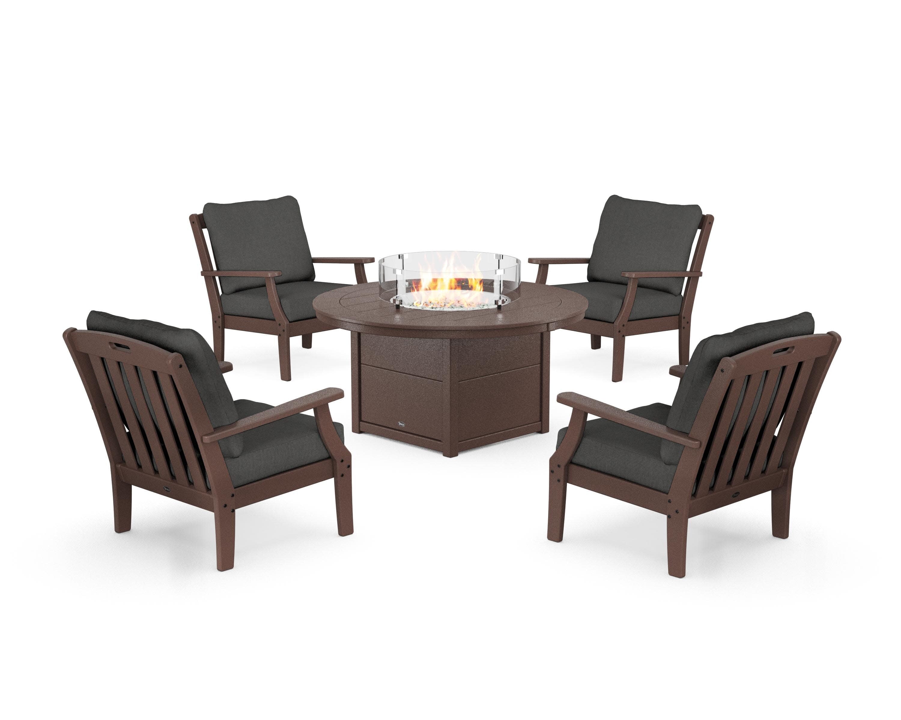 Yacht Club 5-Piece Deep Seating Set with Round Fire Pit Table in Vintage Lantern / Spectrum Carbon