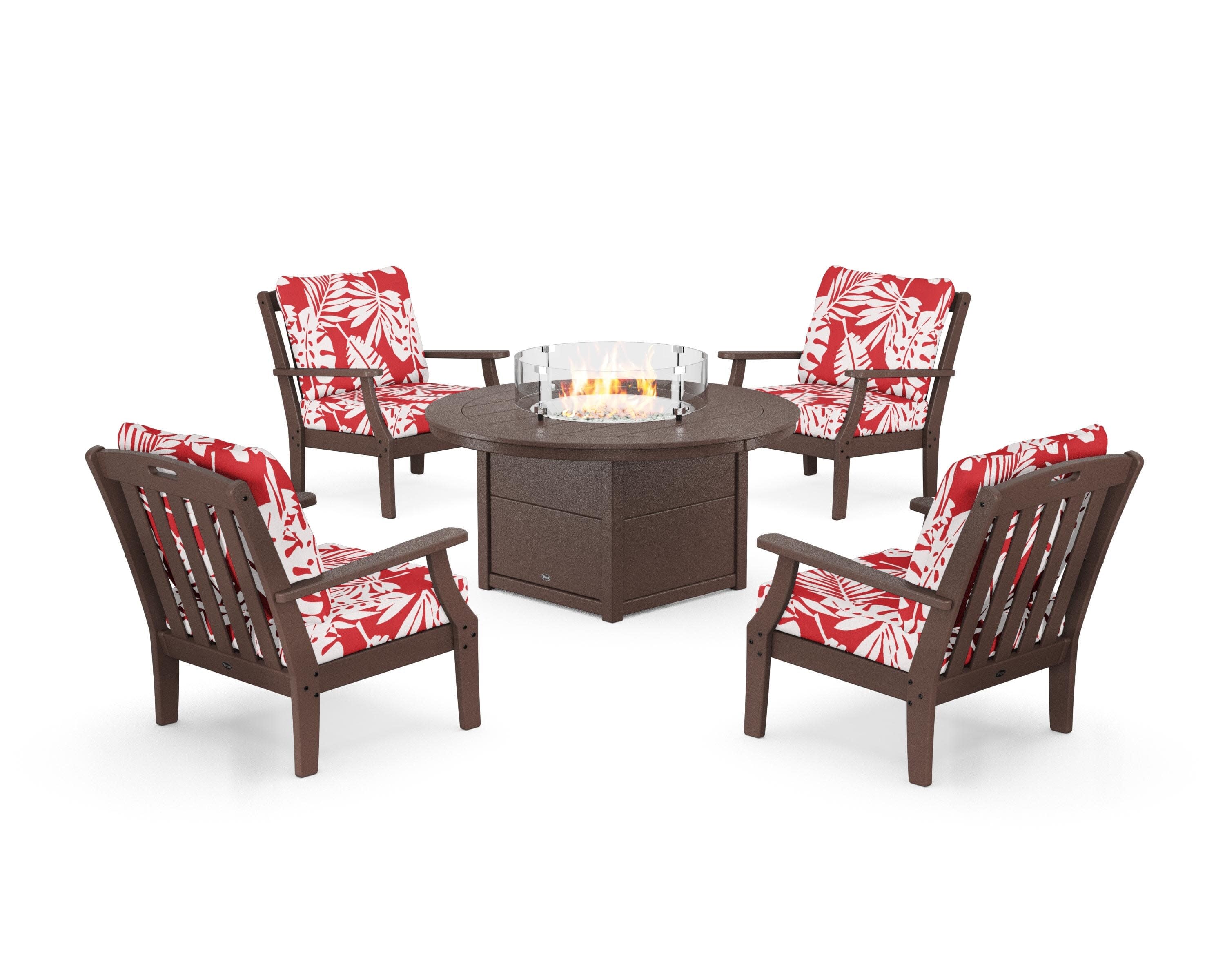 Yacht Club 5-Piece Deep Seating Set with Round Fire Pit Table in Vintage Lantern / Leaf Crimson