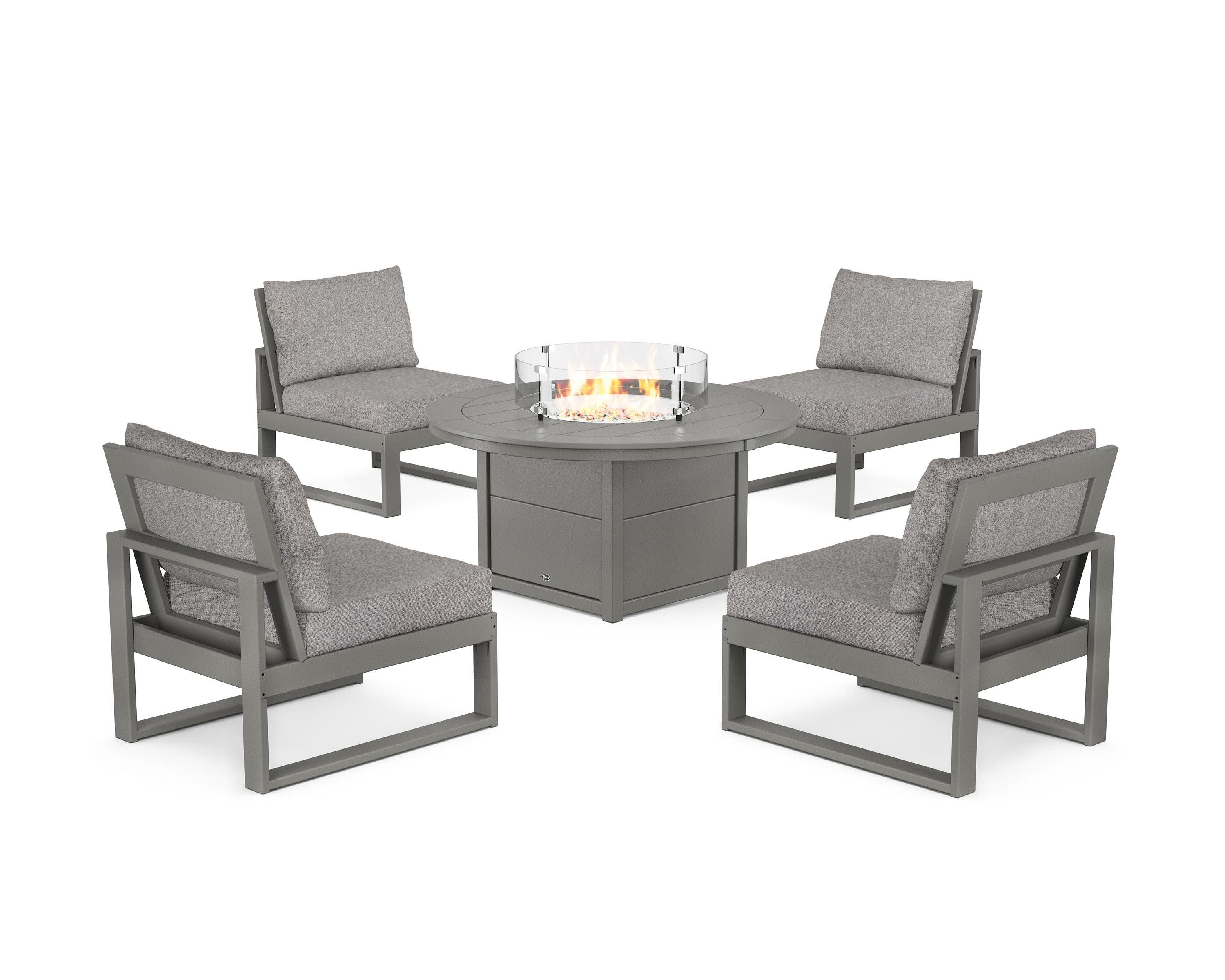 Eastport Modular 5-Piece Deep Seating Set with Round Fire Pit Table in Stepping Stone / Grey Mist