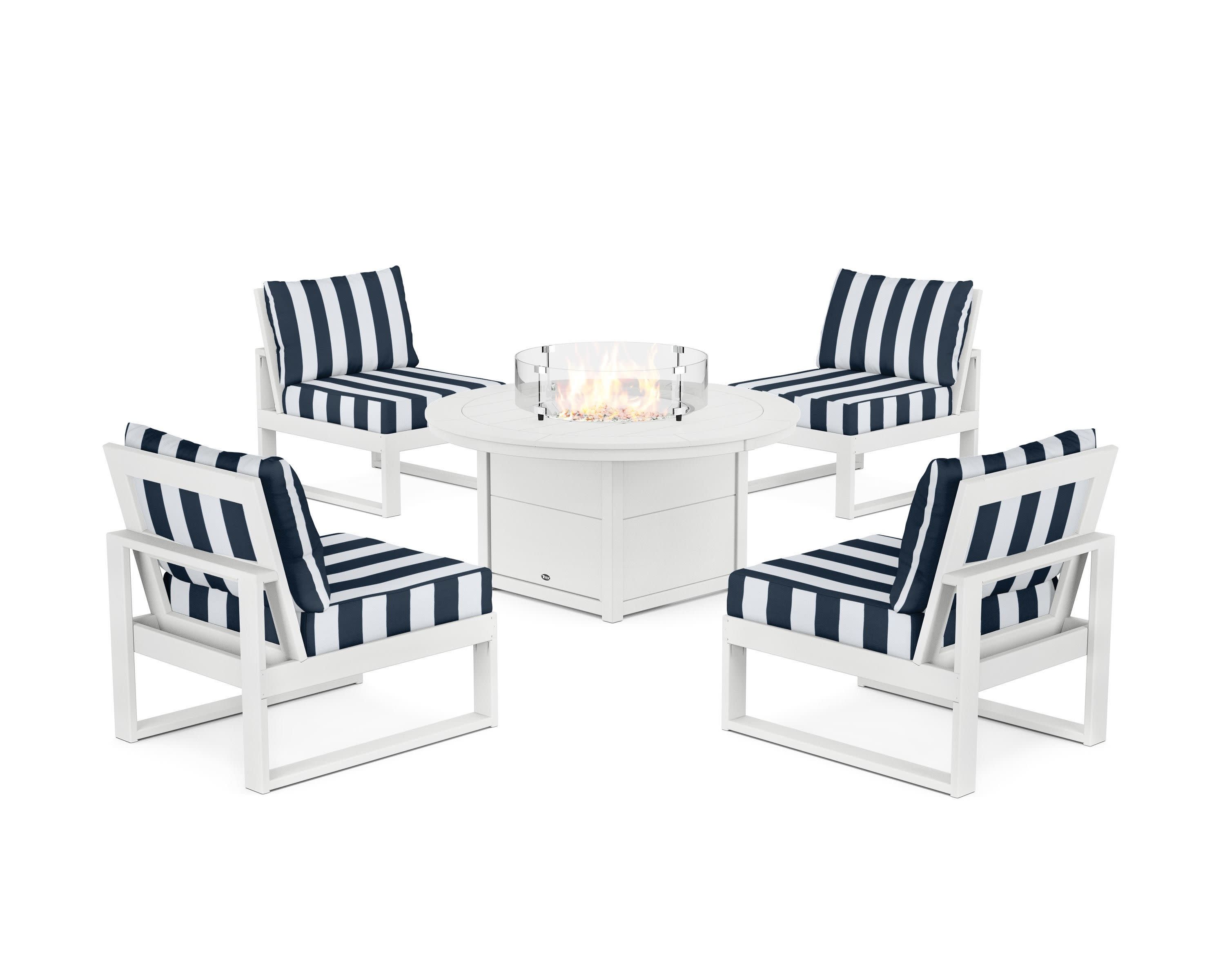 Eastport Modular 5-Piece Deep Seating Set with Round Fire Pit Table in Classic White / Cabana Stripe Marine Indigo