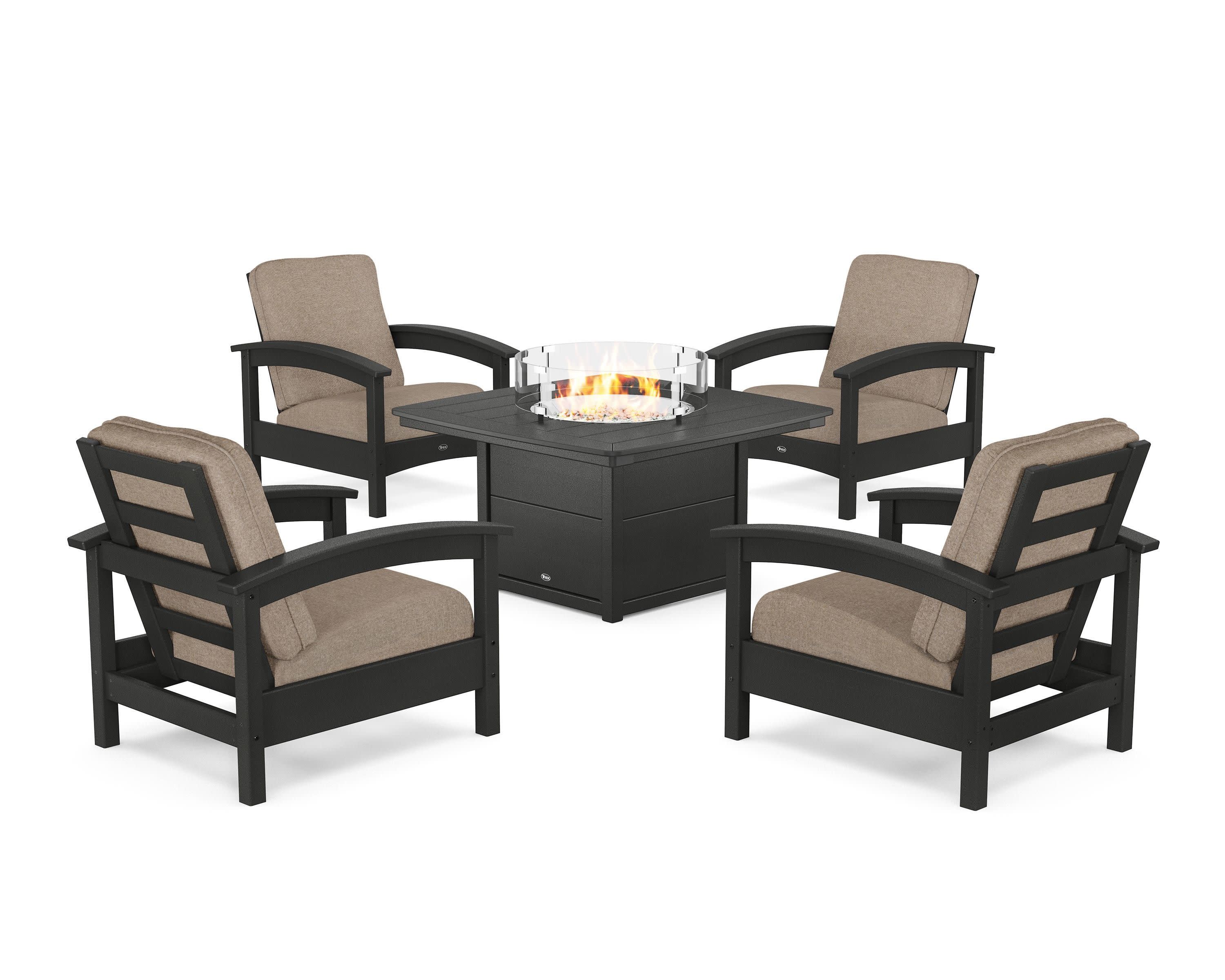 Rockport 5-Piece Deep Seating Set with Yacht Club Fire Pit Table in Charcoal Black / Spiced Burlap