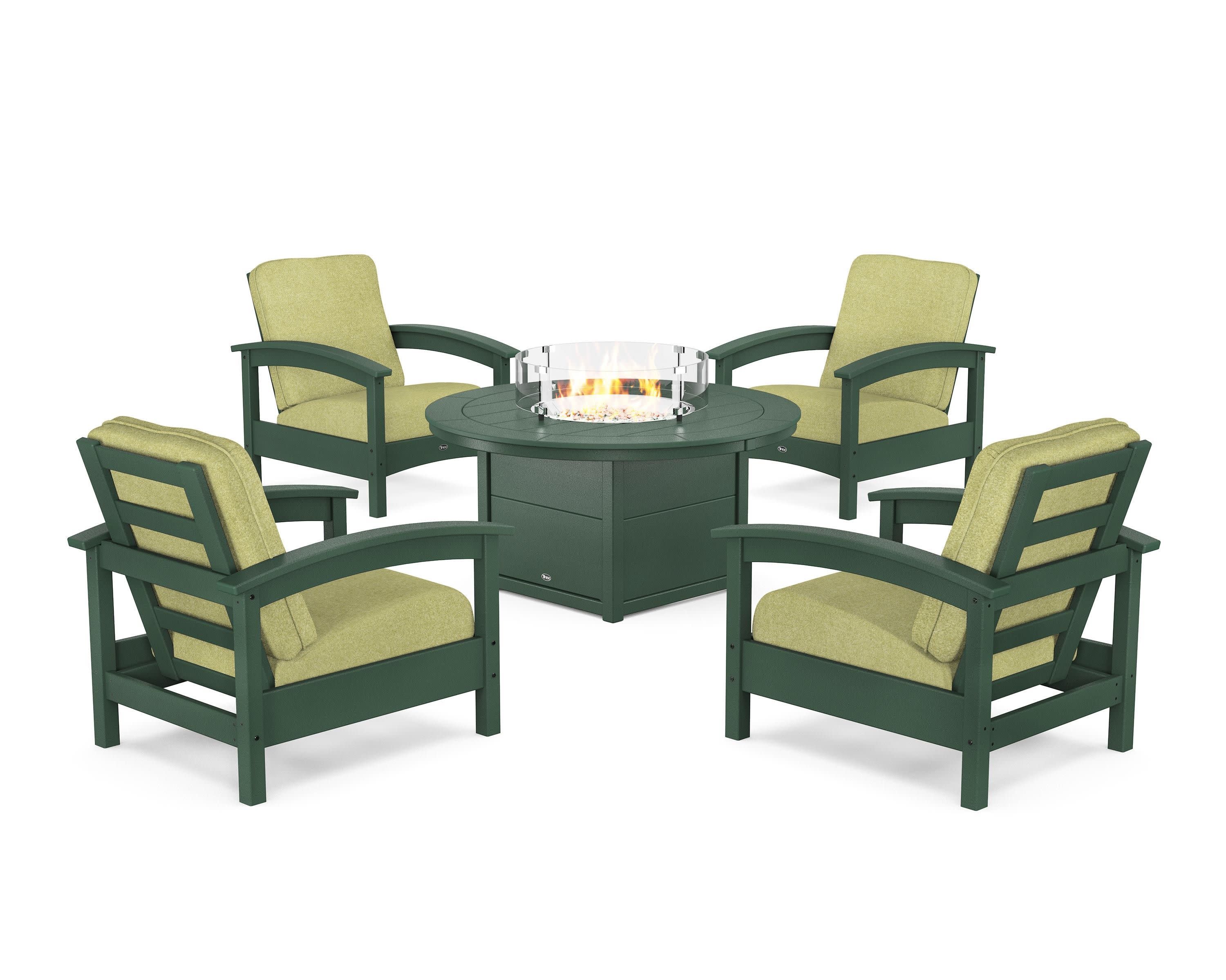 Rockport 5-Piece Deep Seating Set with Round Fire Pit Table in Rainforest Canopy / Chartreuse Boucle