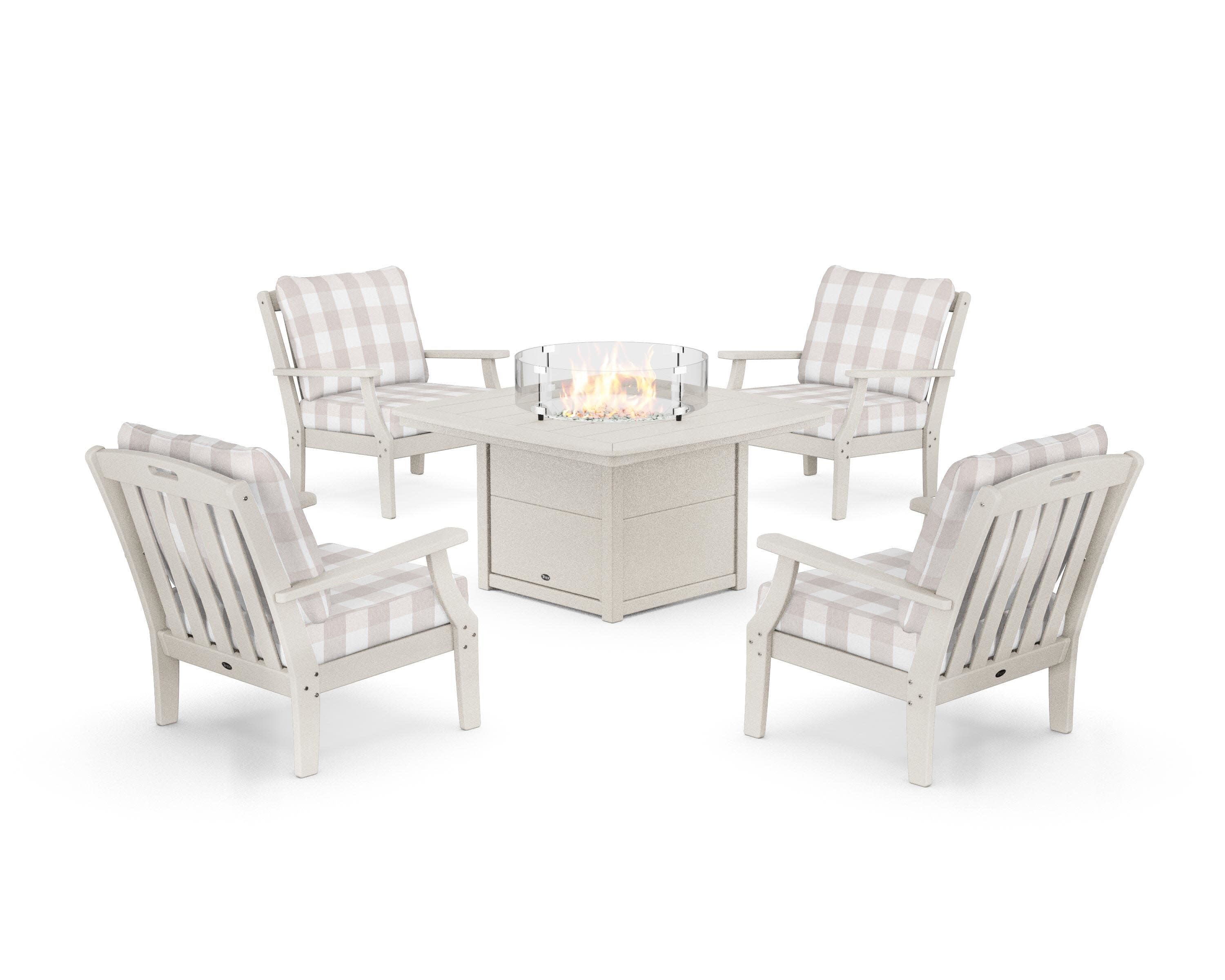 Yacht Club 5-Piece Deep Seating Set with Fire Pit Table in Sand Castle / Buffalo Plaid Dune Burlap