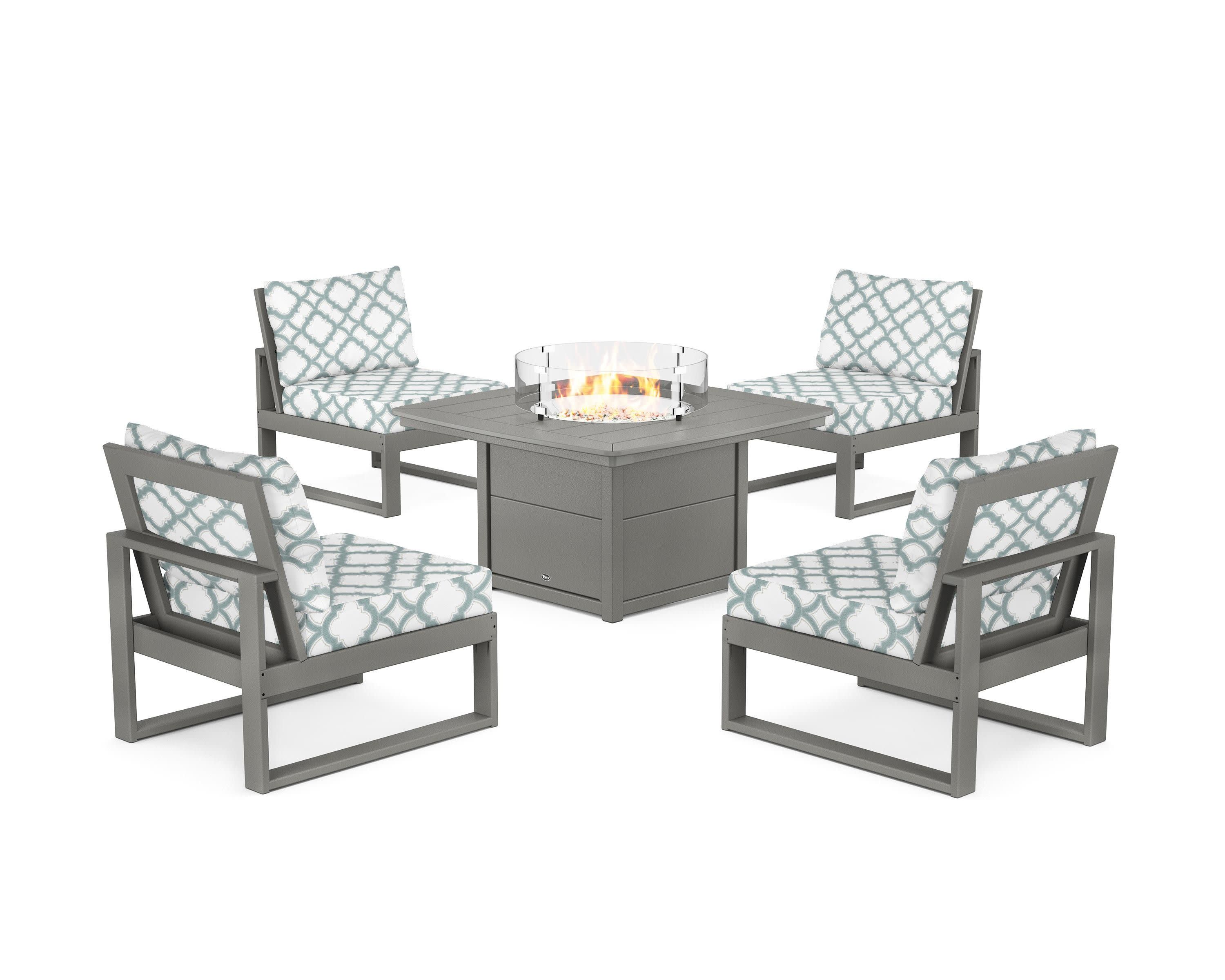 Eastport Modular 5-Piece Deep Seating Set with Yacht Club Fire Pit Table in Stepping Stone / Trellis Glacier Spa