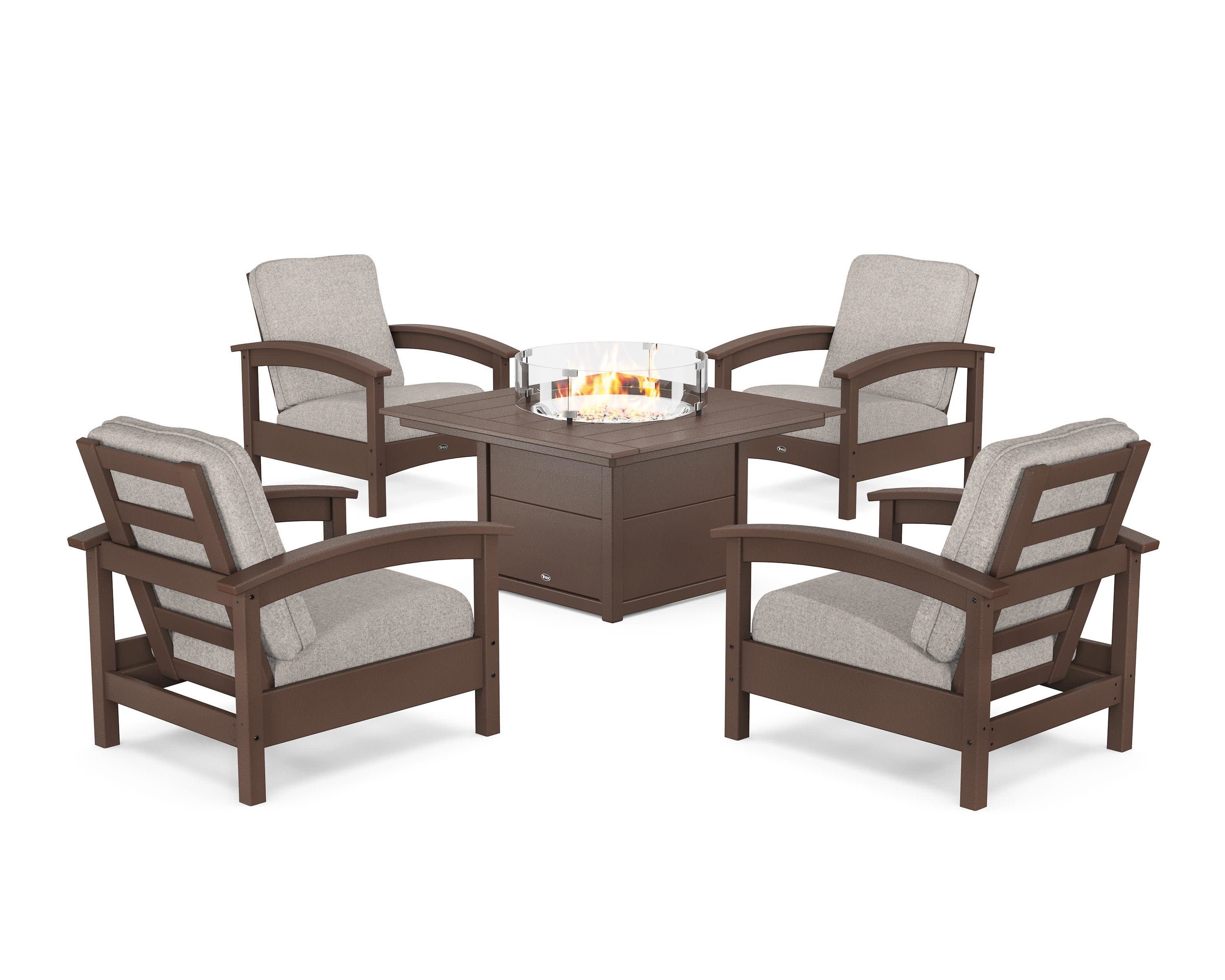 Rockport 5-Piece Deep Seating Set with Square Fire Pit Table in Vintage Lantern / Weathered Tweed