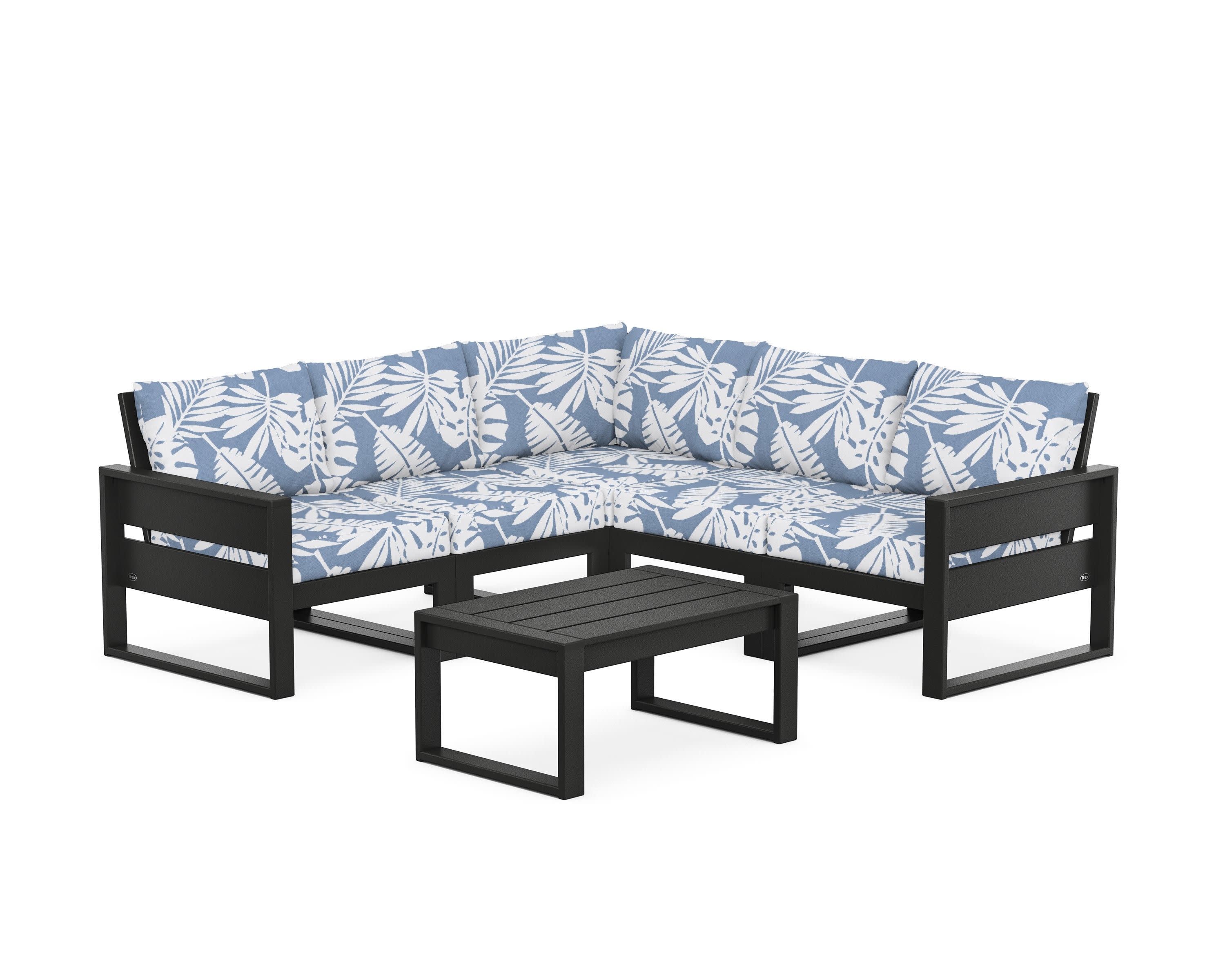 Eastport 6-Piece Deep Seating Sectional + Coffee Table Set in Charcoal Black / Leaf Sky Blue