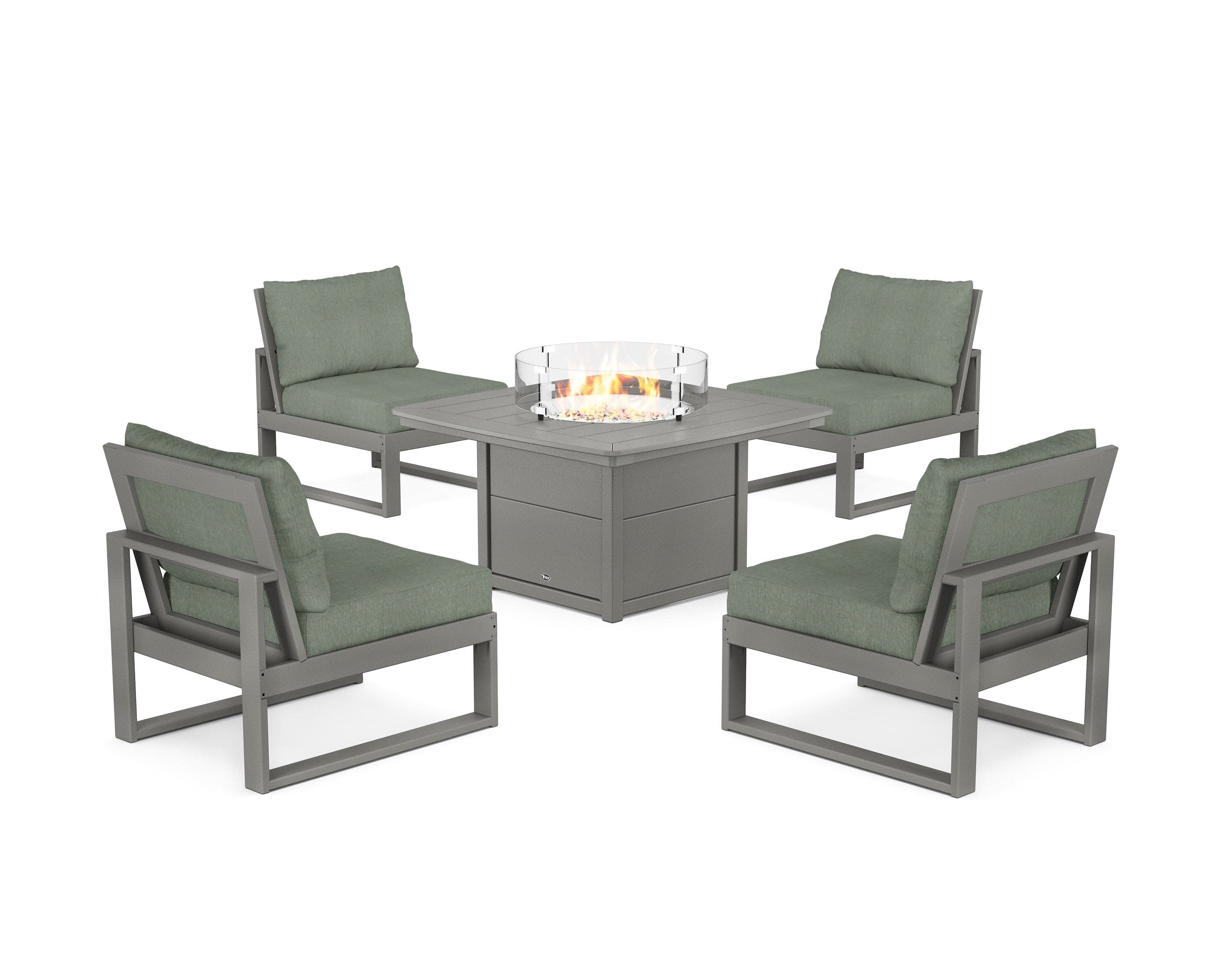 Eastport Modular 5-Piece Deep Seating Set with Yacht Club Fire Pit Table in Stepping Stone / Cast Sage