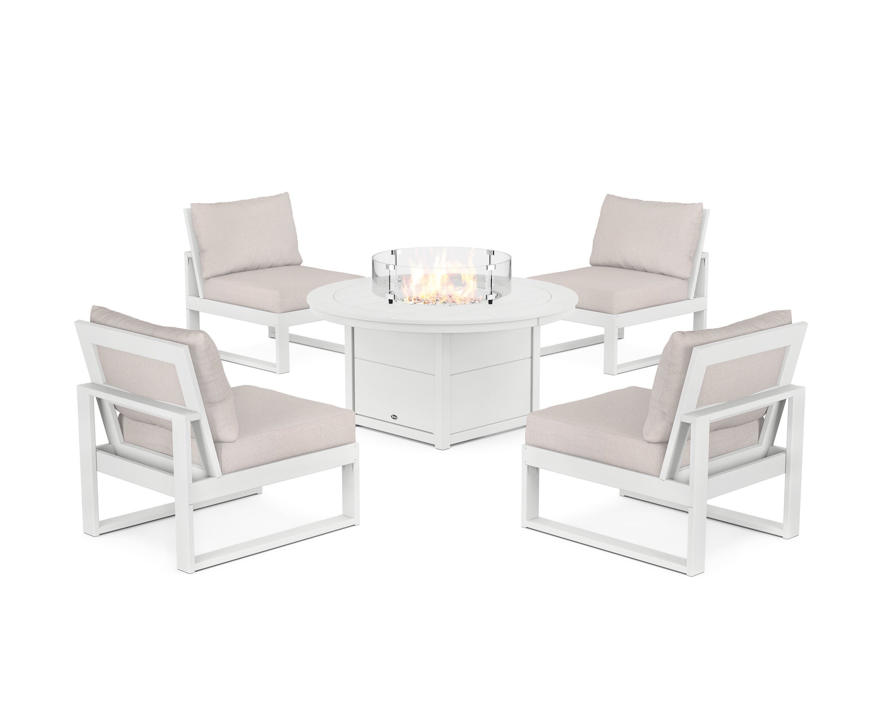 Eastport Modular 5-Piece Deep Seating Set with Round Fire Pit Table in Classic White / Dune Burlap