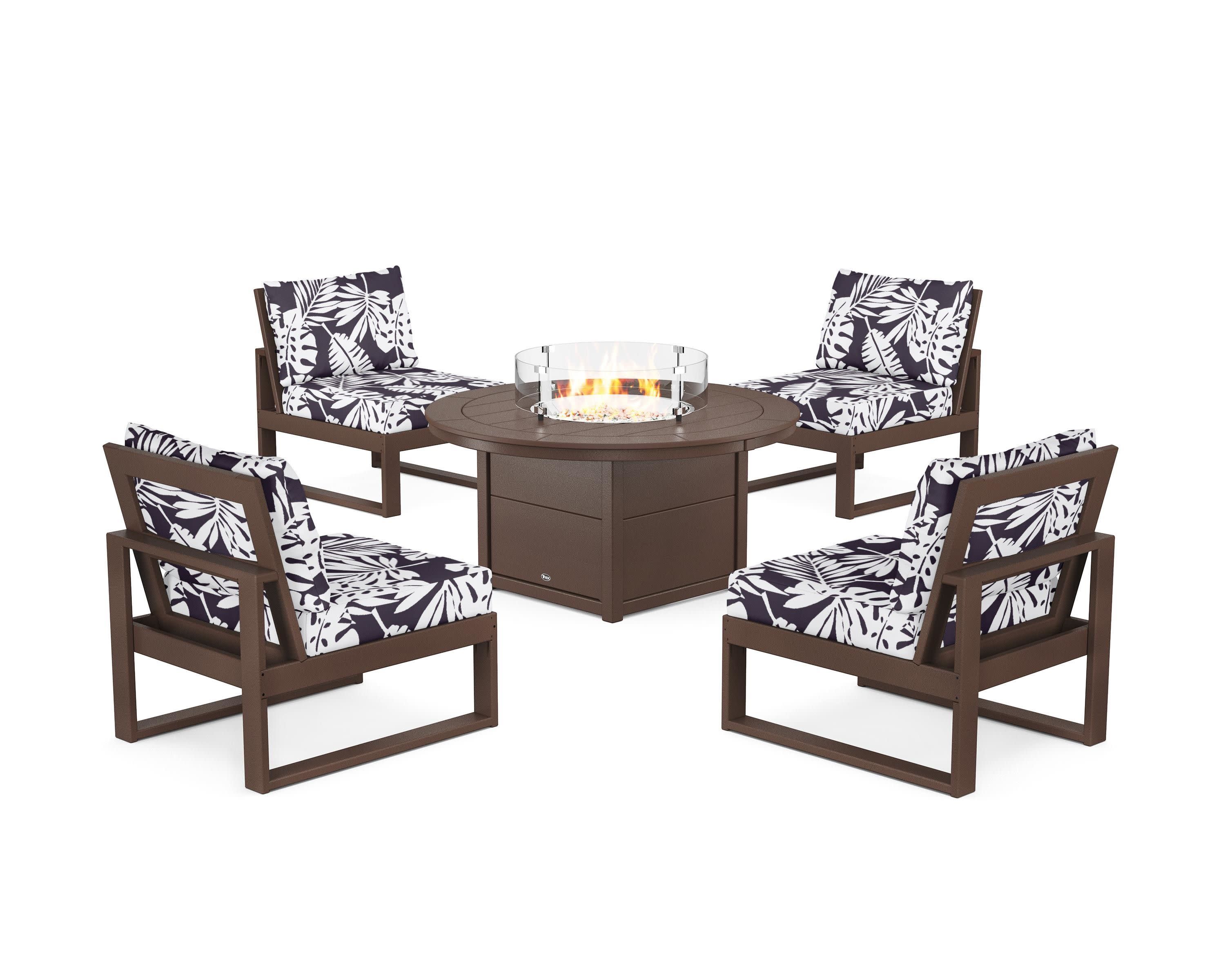 Eastport Modular 5-Piece Deep Seating Set with Round Fire Pit Table in Vintage Lantern / Leaf Navy