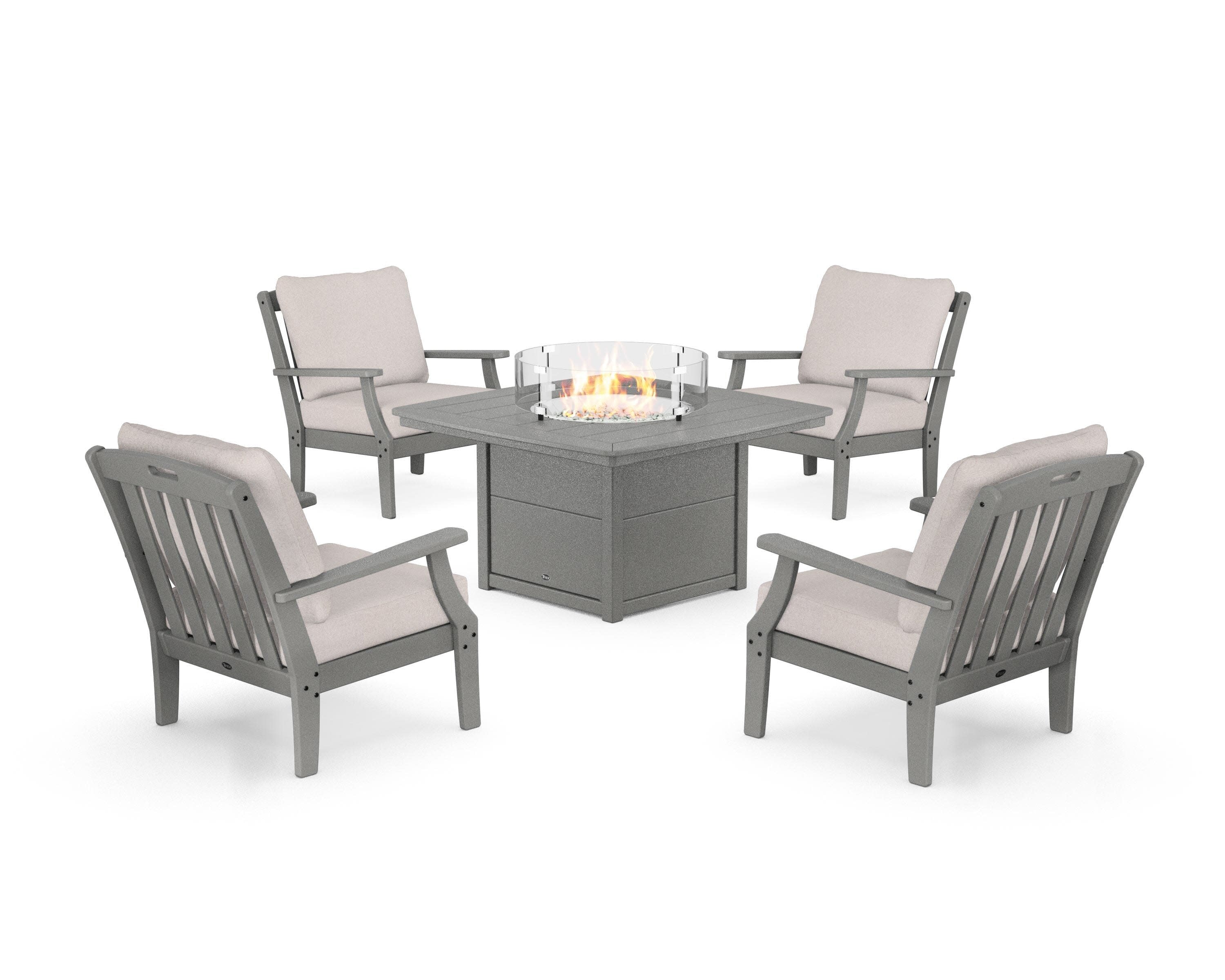 Yacht Club 5-Piece Deep Seating Set with Fire Pit Table in Stepping Stone / Dune Burlap