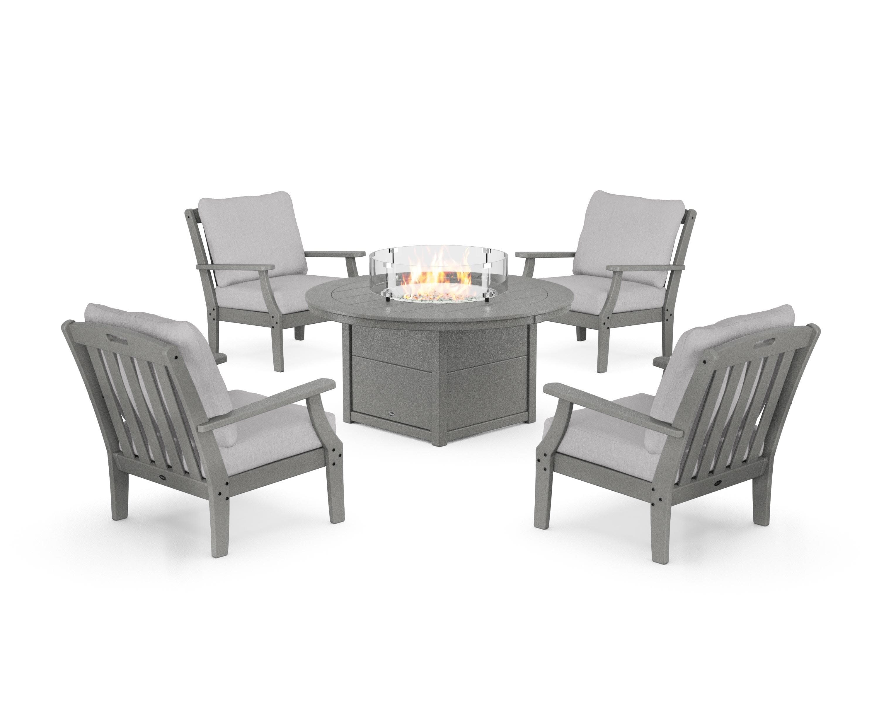 Yacht Club 5-Piece Deep Seating Set with Round Fire Pit Table in Stepping Stone / Granite