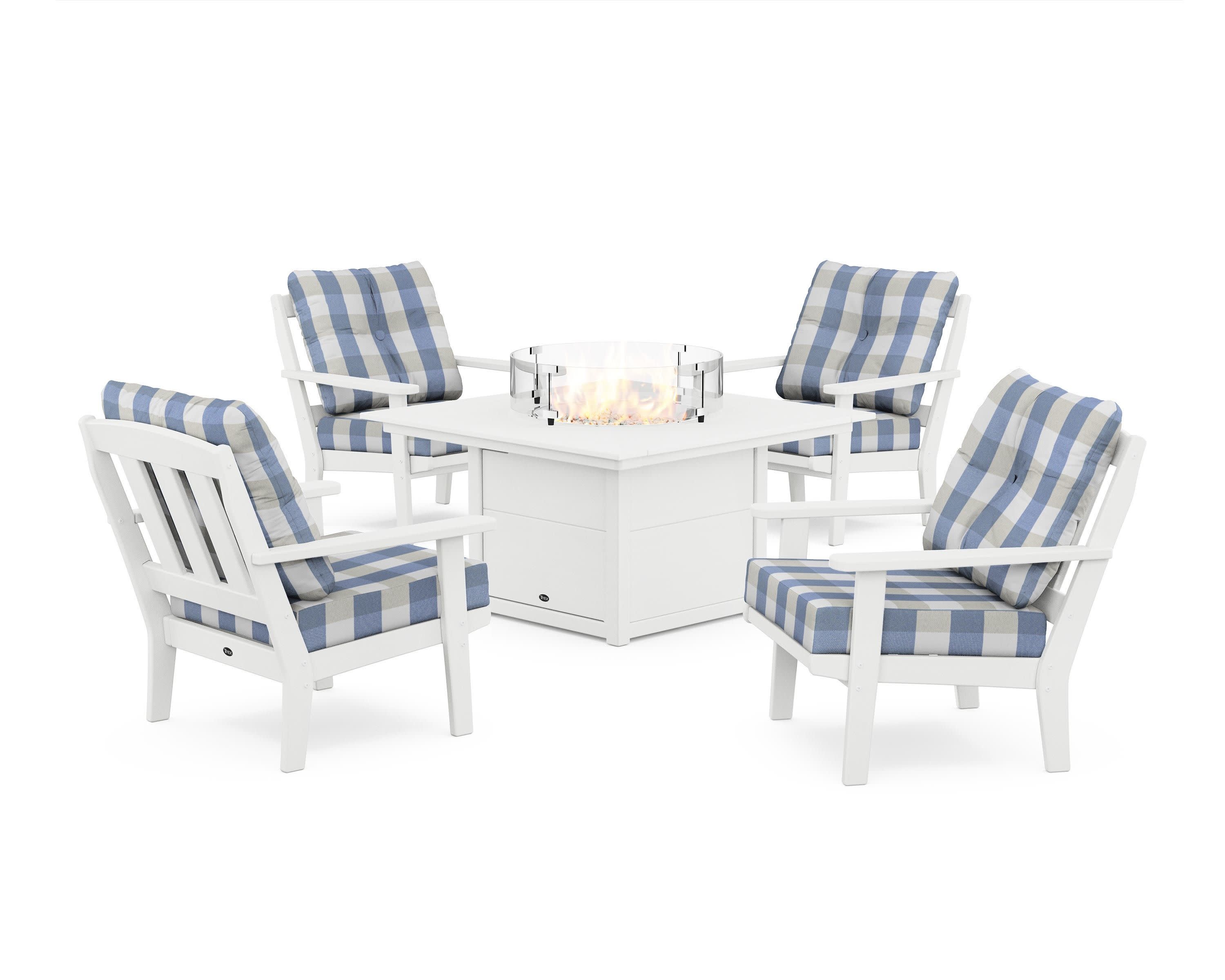 Cape Cod 5-Piece Deep Seating Set with Fire Pit Table in Classic White / Buffalo Plaid Sky Blue